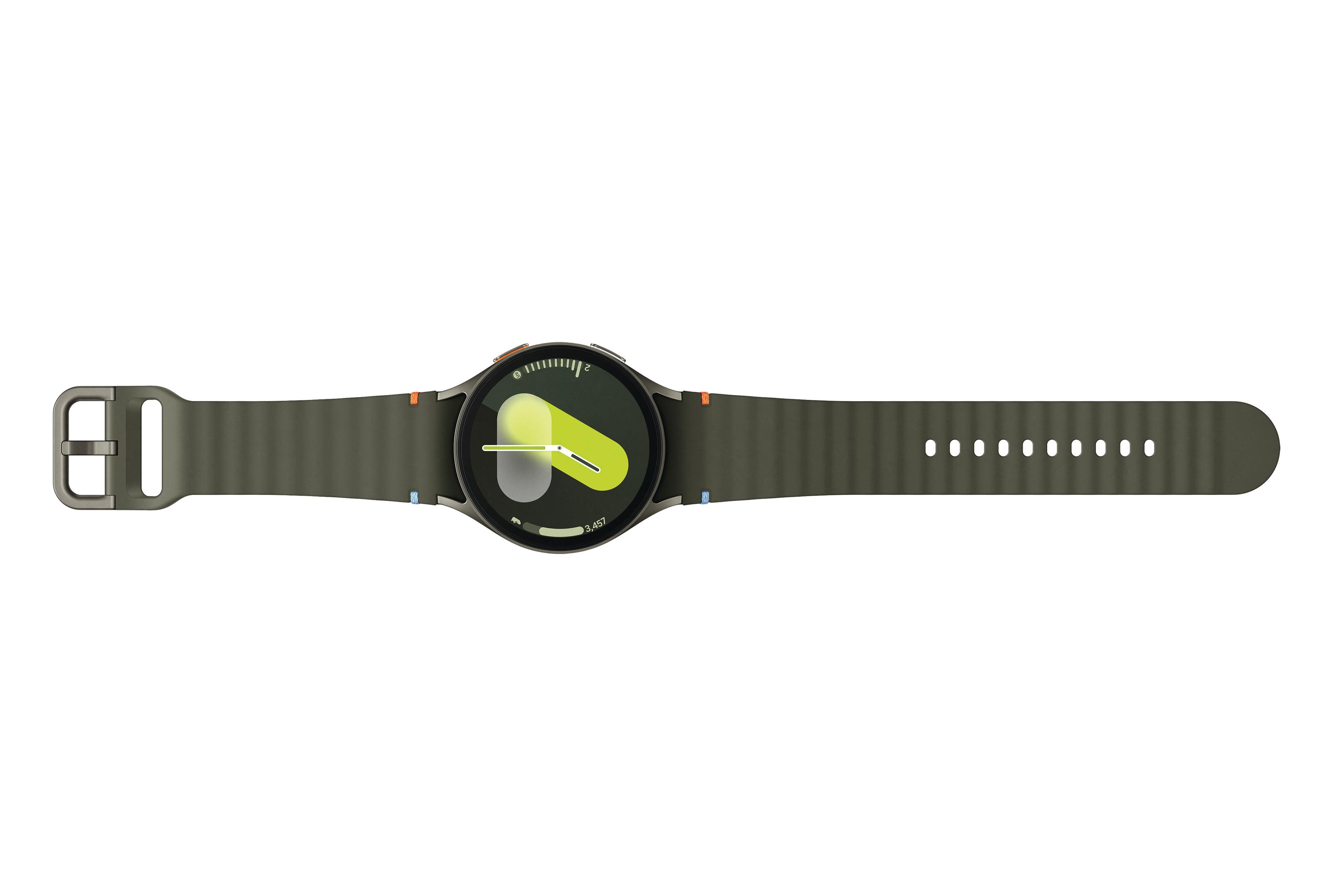 Olijfgroene smartwatch met een groene band. De wijzerplaat toont een grafiek met geel en wit.