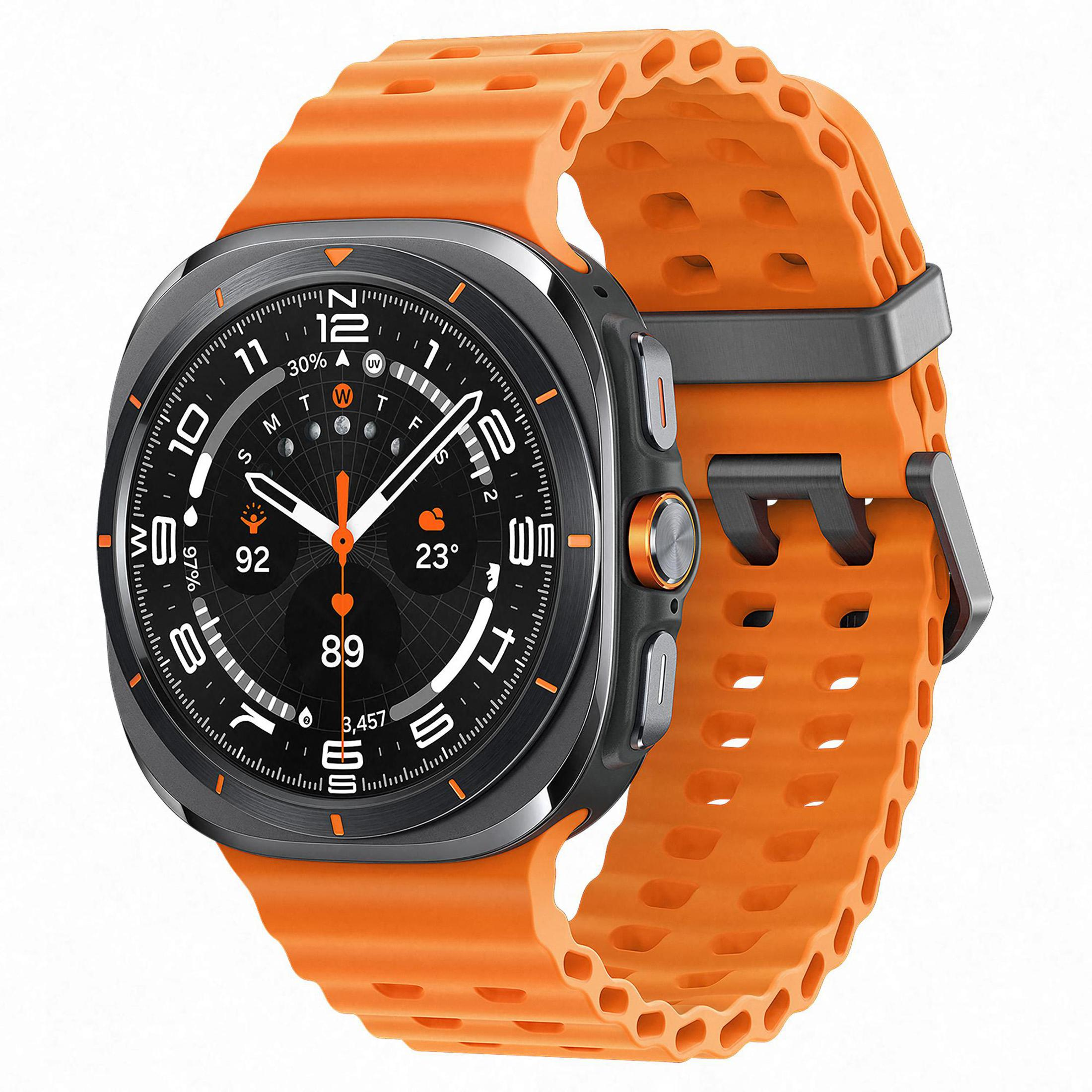 Pomarańczowy smartwatch z czarną tarczą, cyframi i pasującym pomarańczowym paskiem.