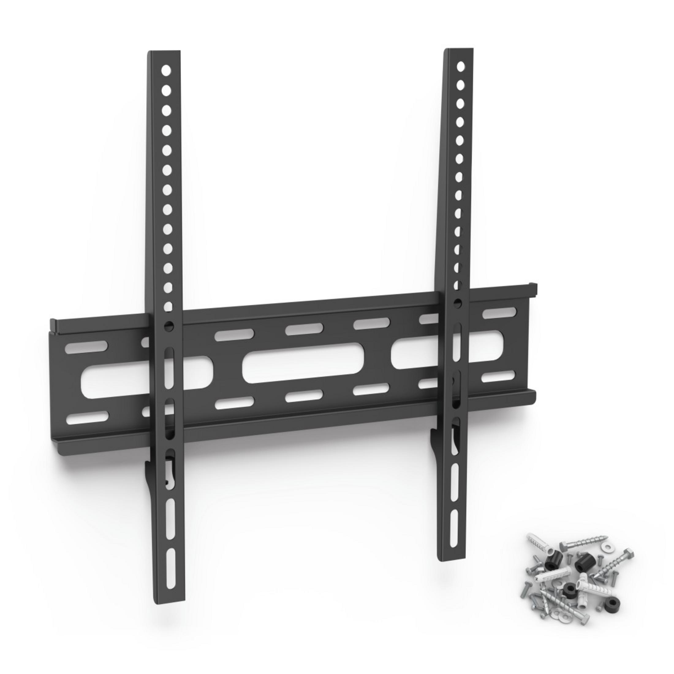 Schwarze TV-Halterung auf weißem Hintergrund, mit Schrauben und einer weißen Wand.