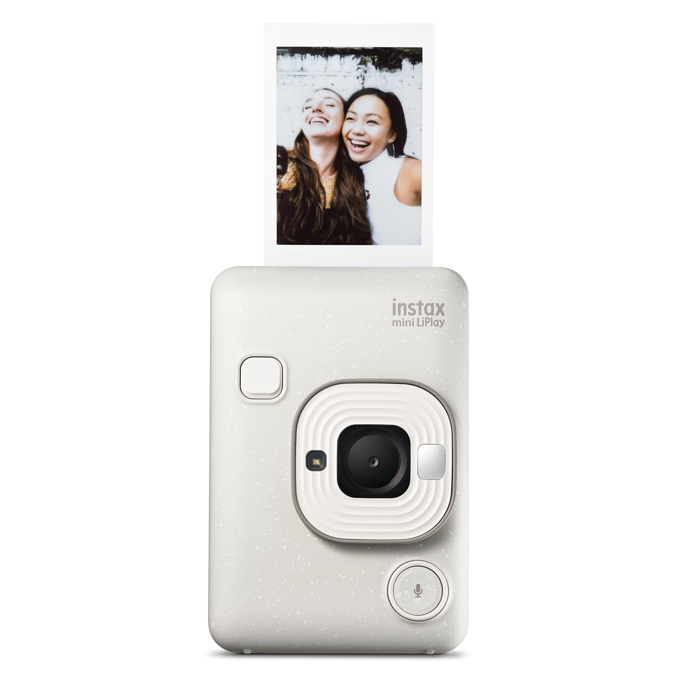Biały aparat Instax Mini LiPlay, z zdjęciem dwóch uśmiechniętych kobiet na górze.