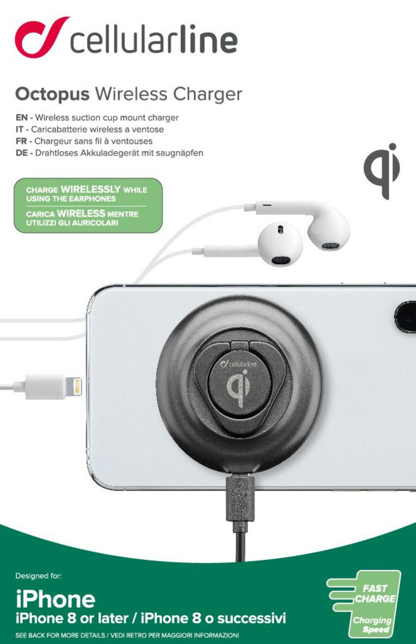 Un telefono su un caricabatterie wireless. Il testo sul caricabatterie dice 'cellularline'.