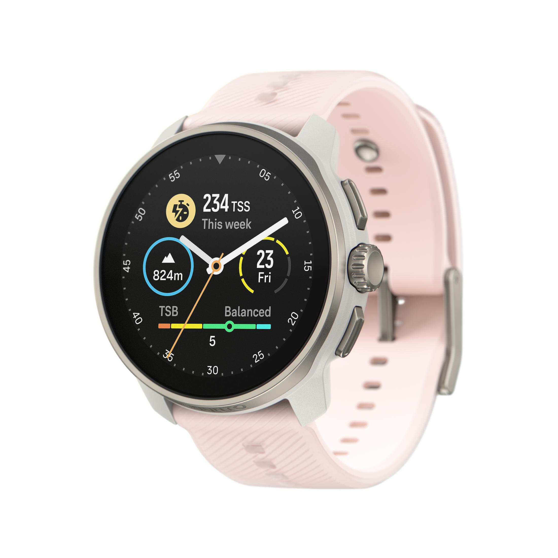 Primo piano di smartwatch con quadrante rotondo, dati e cinturino rosa.
