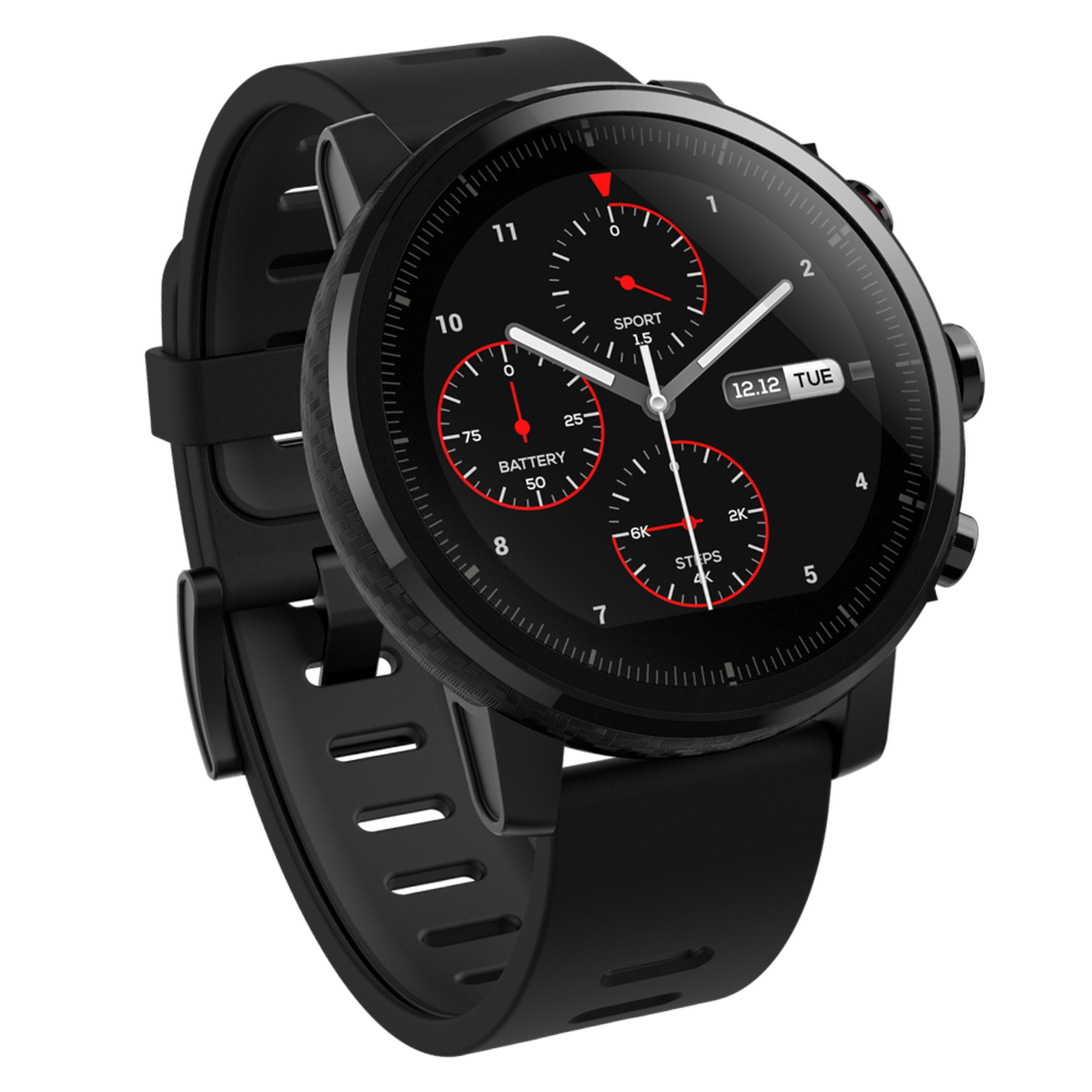 Schwarze Smartwatch mit rundem Display. Das Display zeigt Zeit, Akkulaufzeit, Schritte und andere Metriken.
