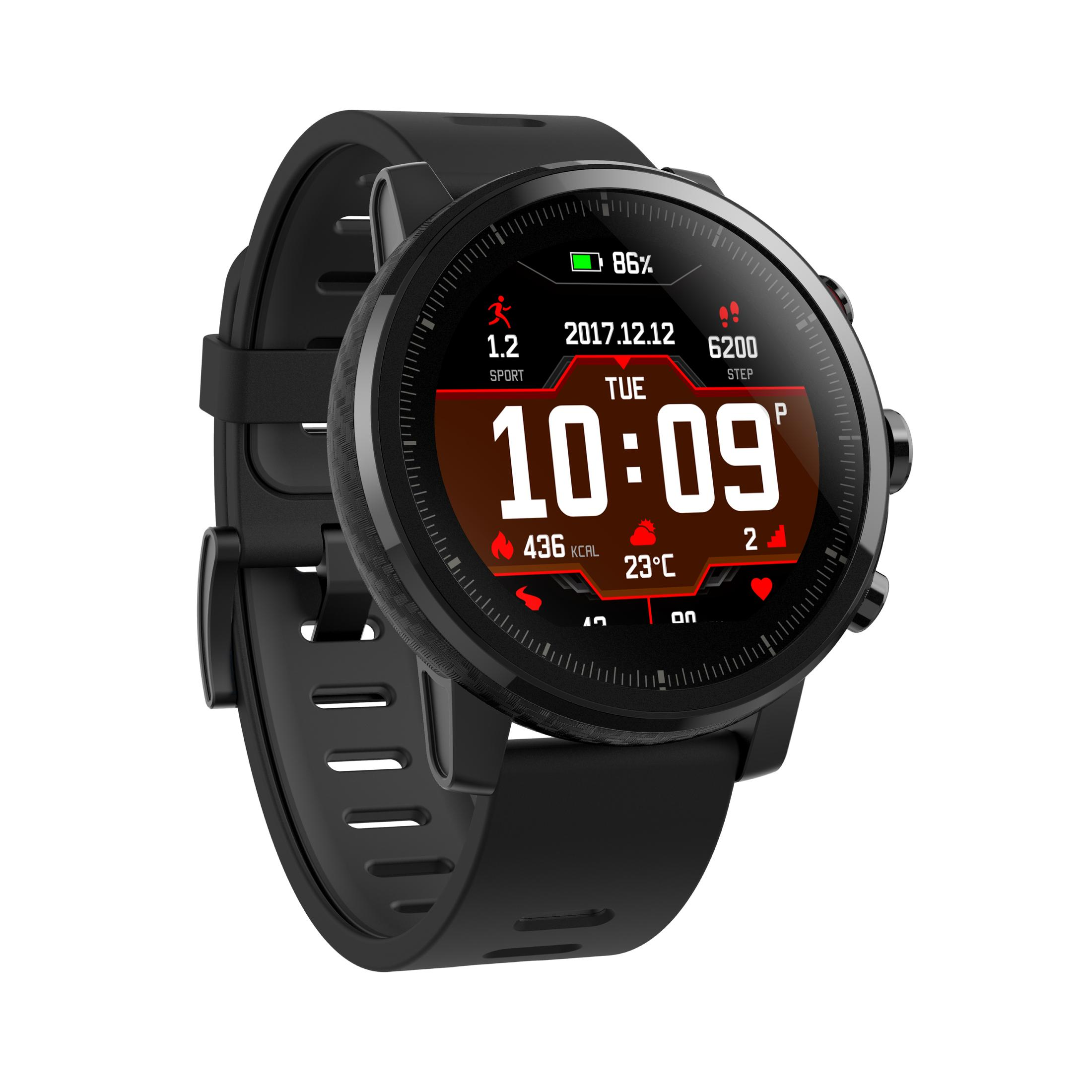 Schwarze Smartwatch mit rundem Bildschirm, der Zeit und Gesundheitsdaten anzeigt.