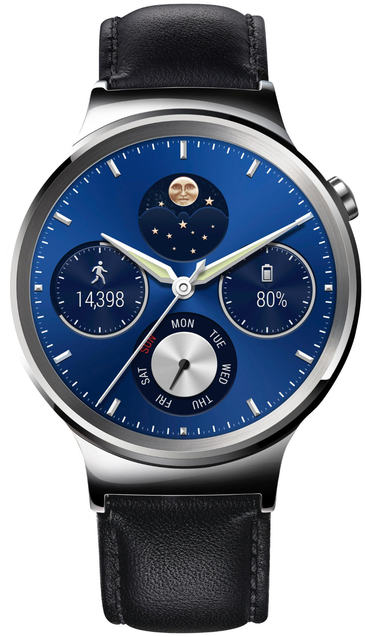 Silberne Smartwatch mit schwarzem Lederarmband, blauem Zifferblatt und Mondphasenanzeige.