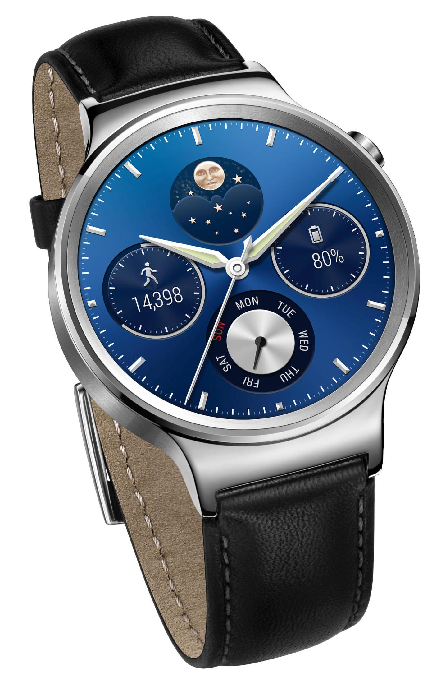 Eine blaue Smartwatch mit schwarzem Lederarmband. Sie zeigt Zeit, Mondphase und Fitnesswerte.