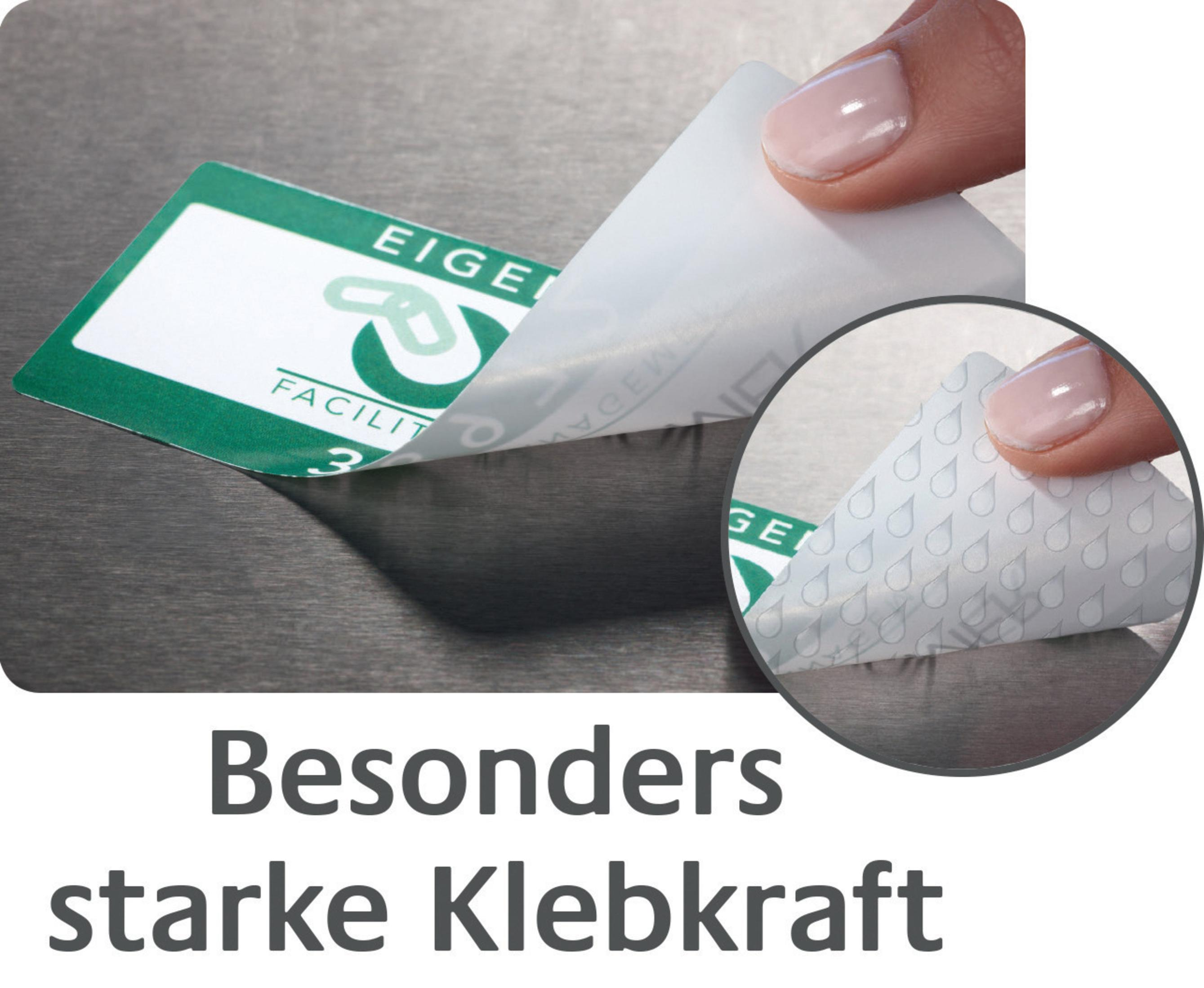 Etikett wird abgezogen, um Klebstoff zu zeigen. Text: besonders starke Klebkraft.