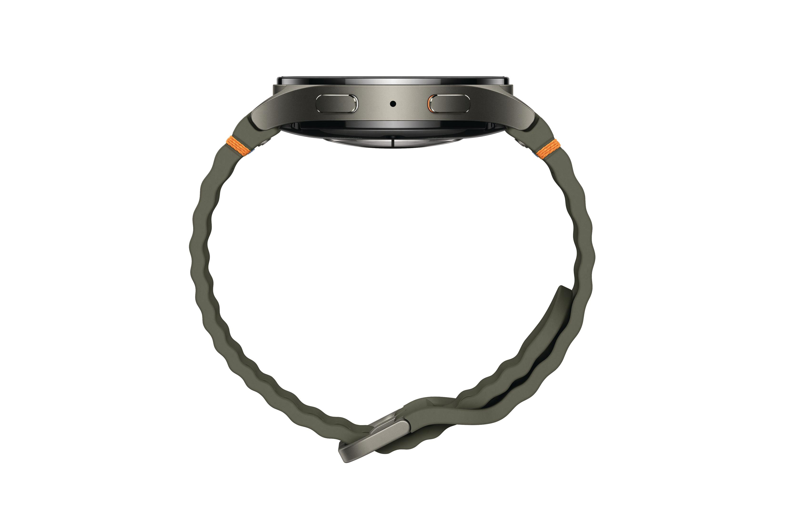Seitenansicht einer Smartwatch mit grünem Armband und orangenen Akzenten.