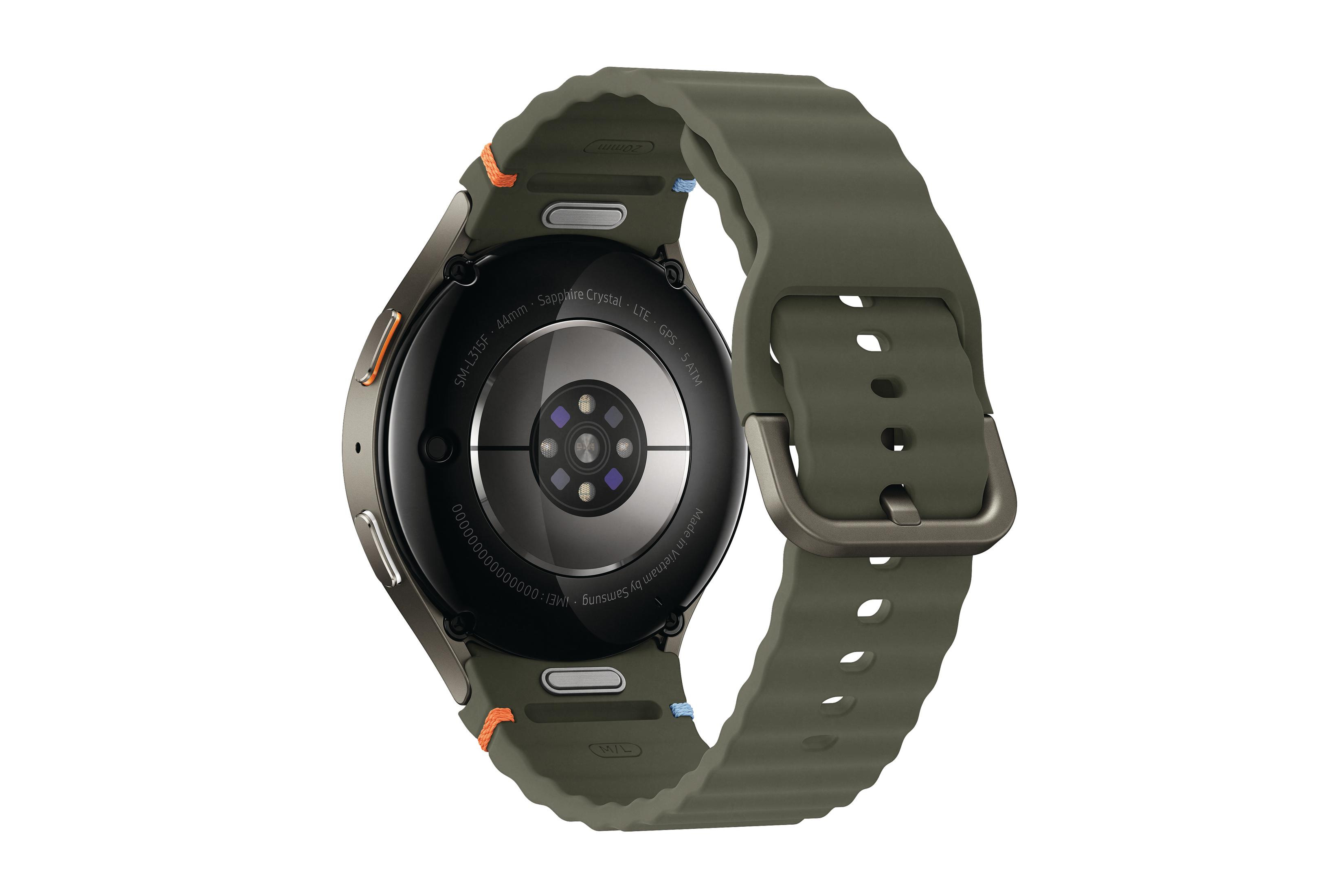 Eine Smartwatch. Der Boden ist sichtbar und zeigt die Sensoren und das Armband. Olivgrünes Uhrenarmband.