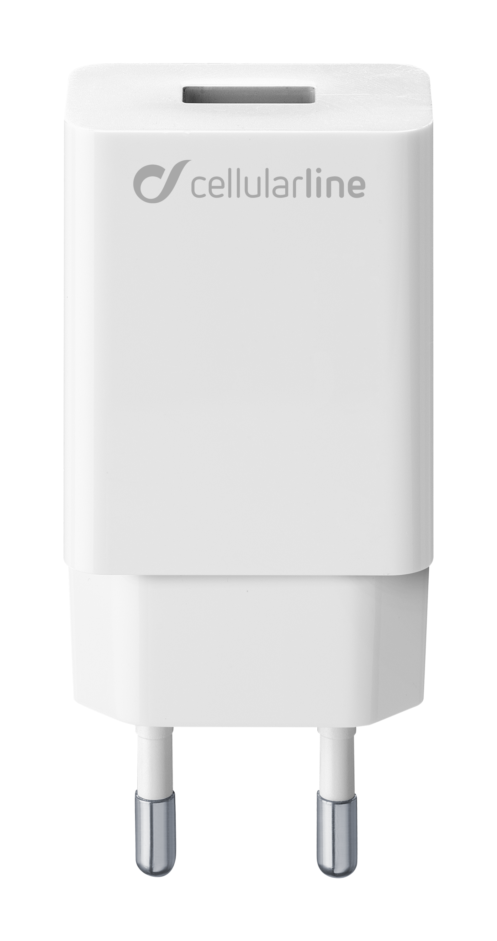Weißes Cellularline-Ladegerät mit Stiften für die Steckdose und USB-Anschluss.
