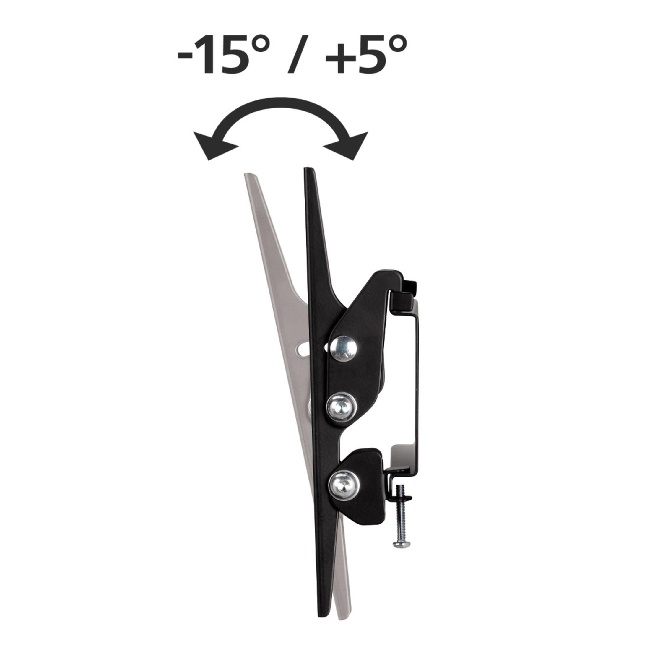 Soporte de TV negro con ángulo de inclinación ajustable, flecha indica movimiento -15 a +5 grados.