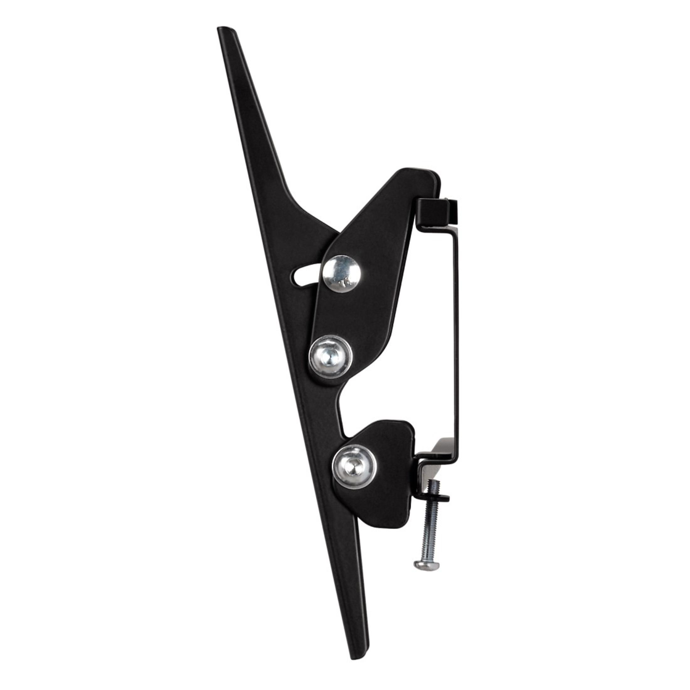 Un soporte de montaje de TV negro. Tiene un brazo largo y en ángulo y fijaciones de tornillo para el montaje.