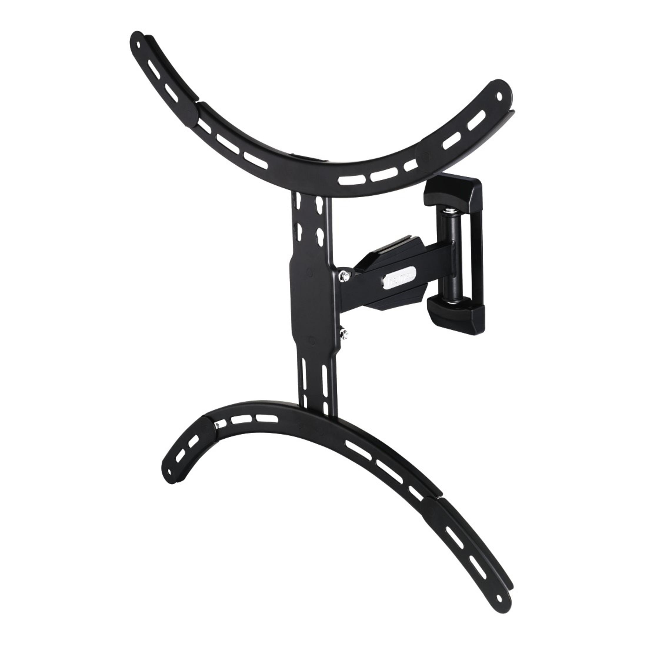 Un soporte de pared para TV negro, curvo, con el soporte de montaje visible.