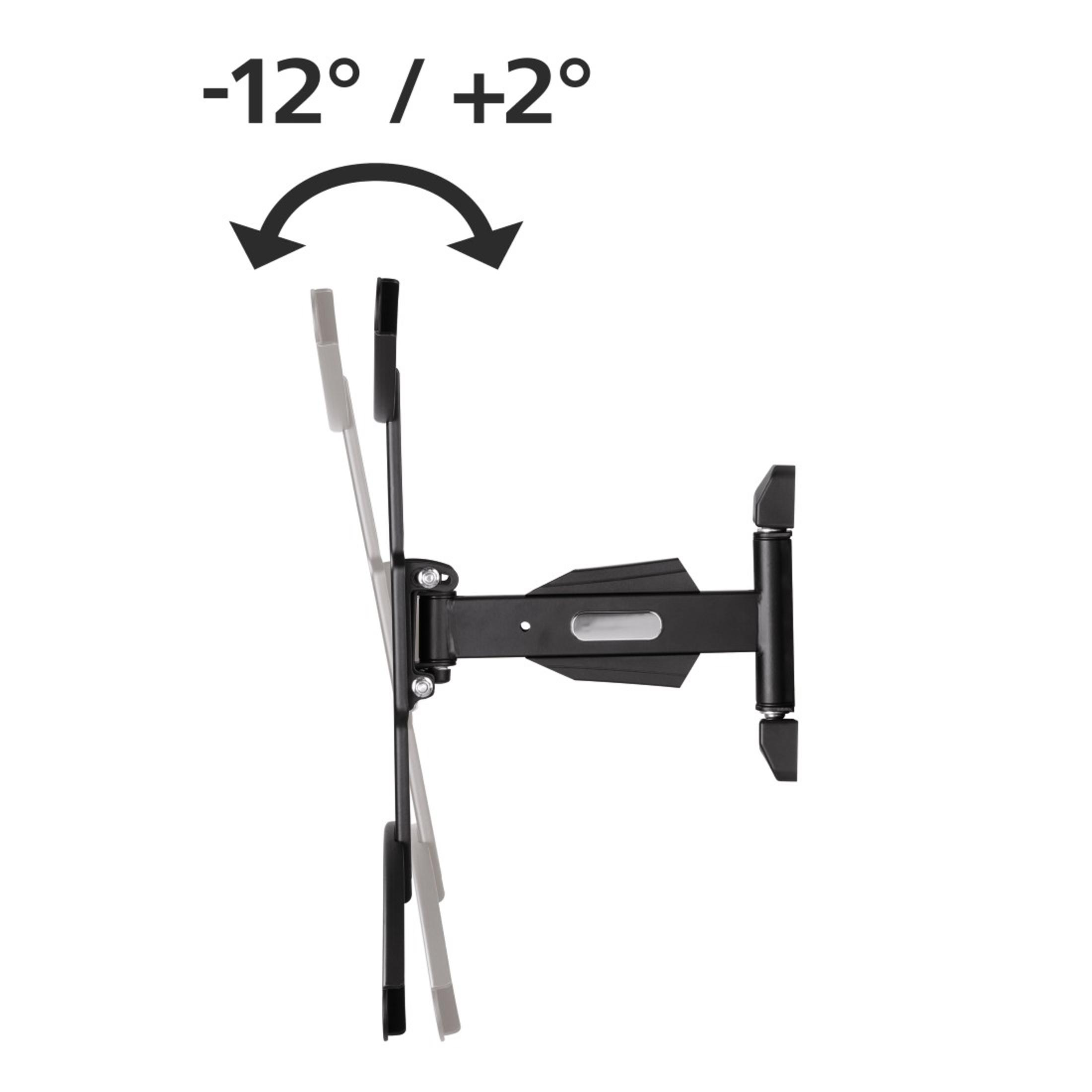 Soporte de pared para TV negro con flechas inclinadas que indican -12° y +2°. Sobre fondo blanco.