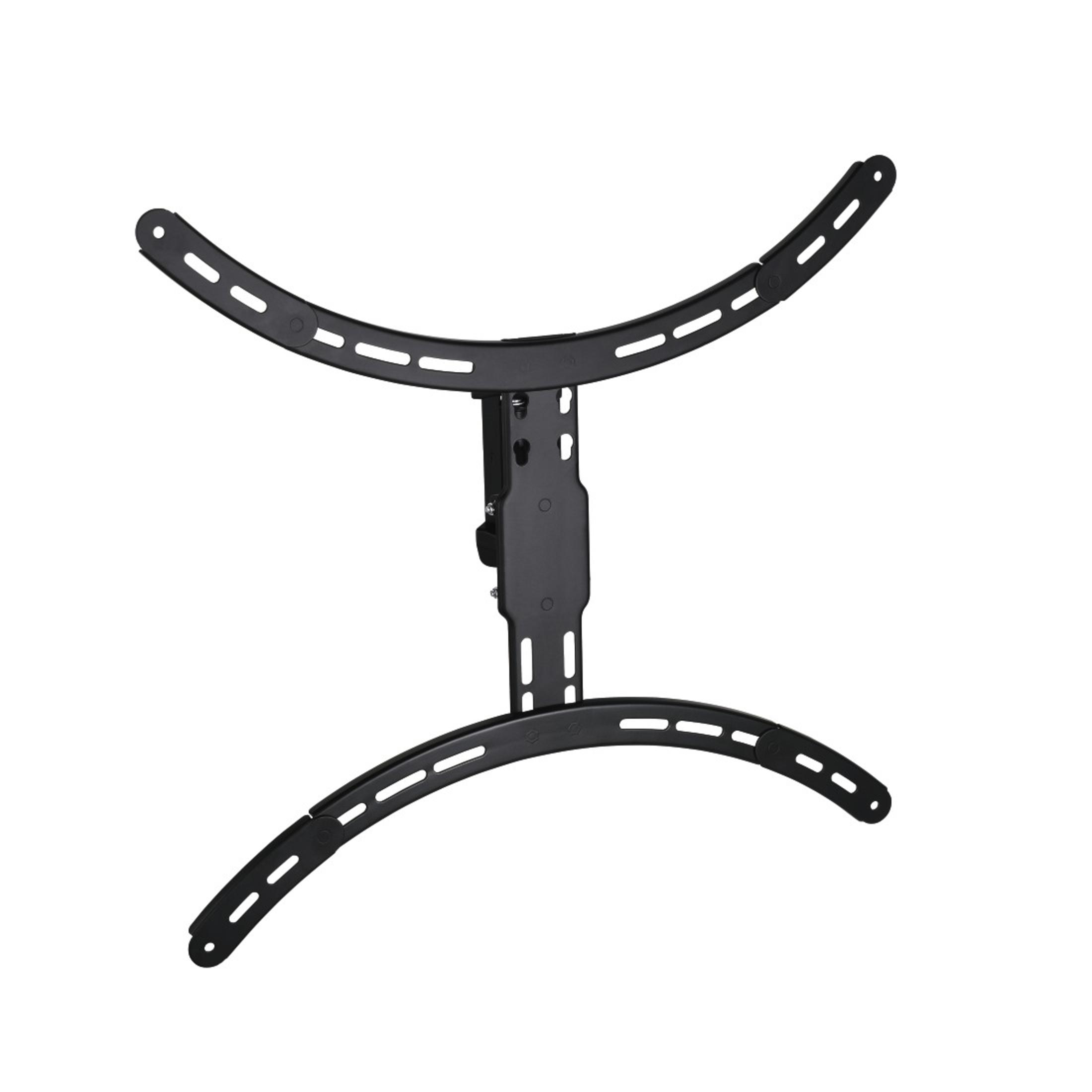 Soporte de TV negro con brazos curvos sobre fondo blanco, listo para montaje en pared.