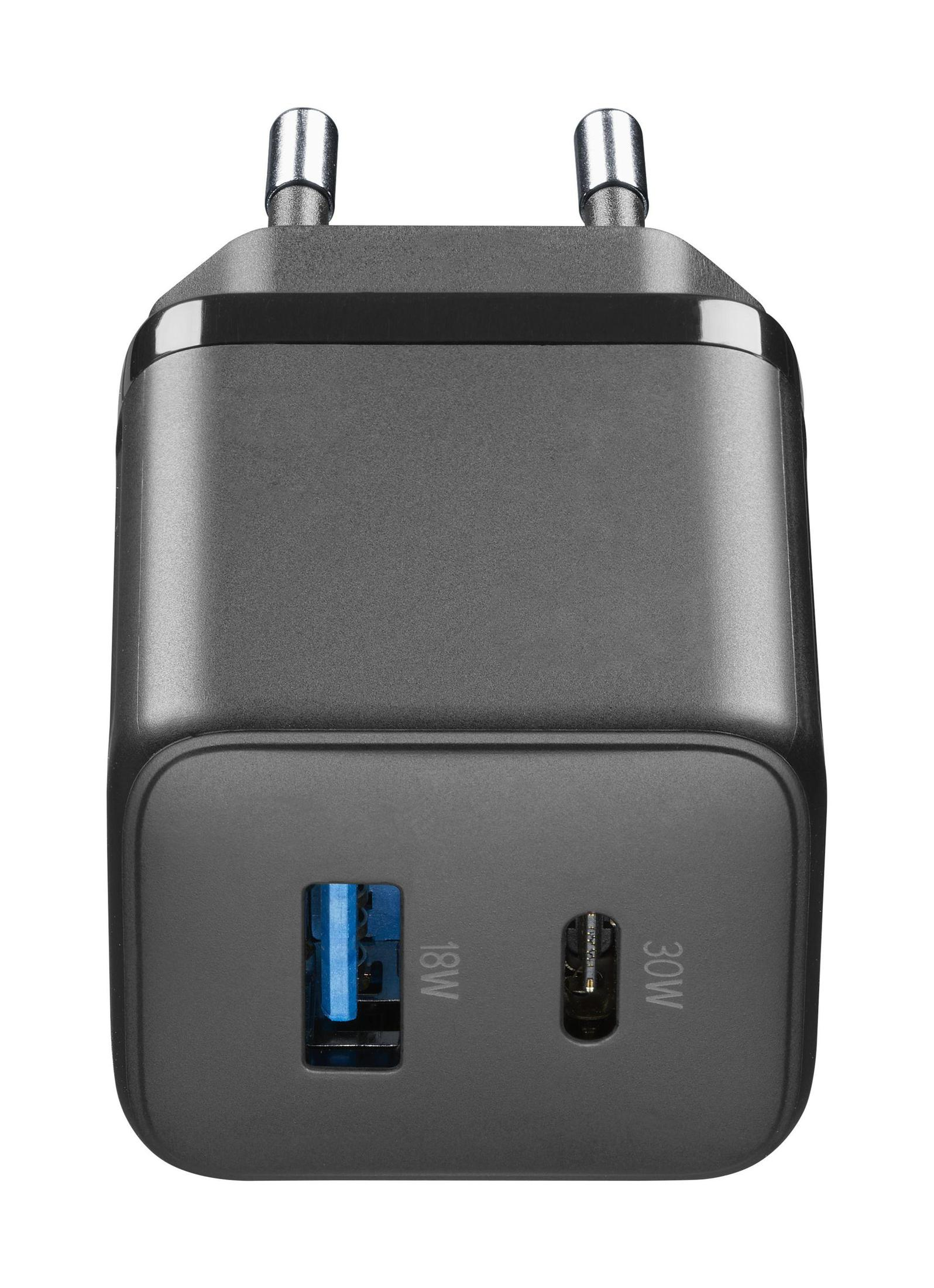 Caricabatterie USB-C e USB nero con uscita 18W e 30W, colore nero.