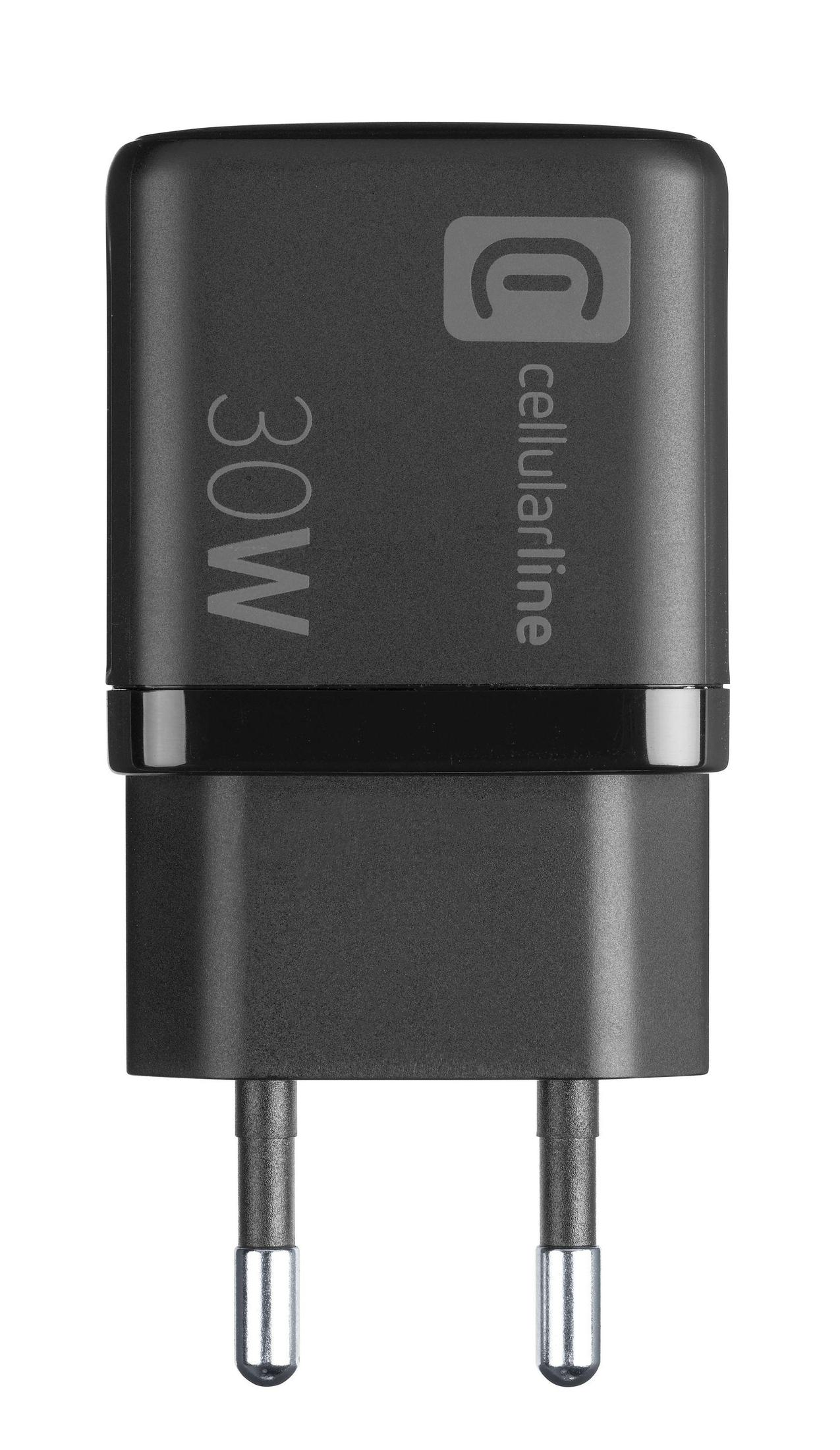 Un caricatore cellularline nero da 30W con due spine, mostrato su sfondo bianco.