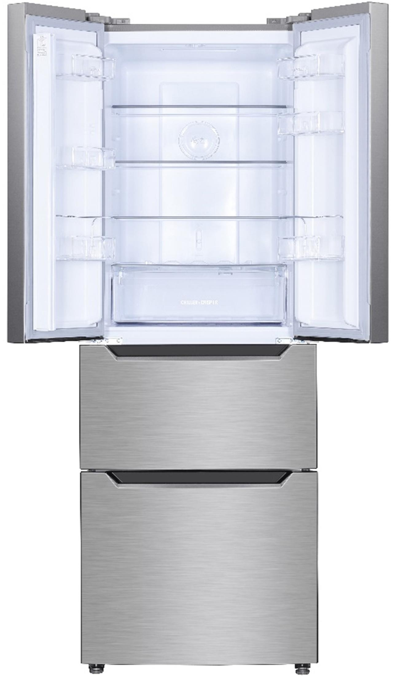 Ein Kühlschrank aus Edelstahl mit geöffneten Türen, Regalen und Schubladen.