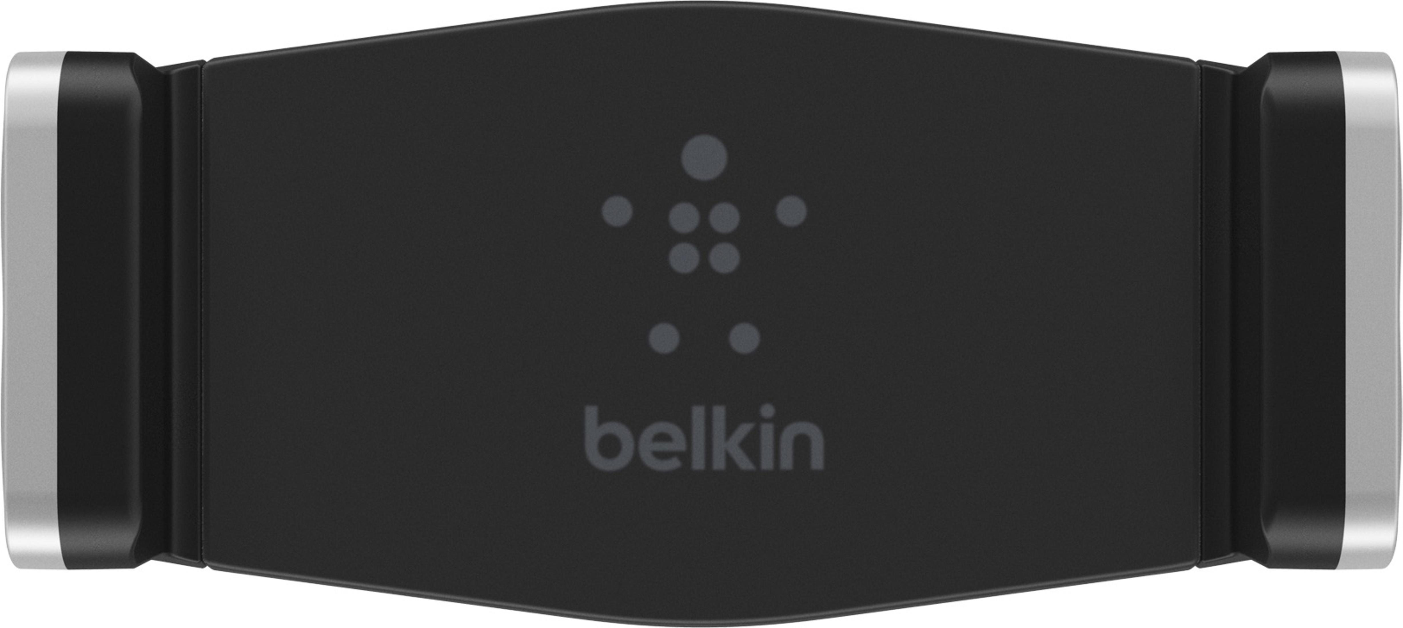 Supporto per telefono nero con dettagli argentati e logo Belkin.