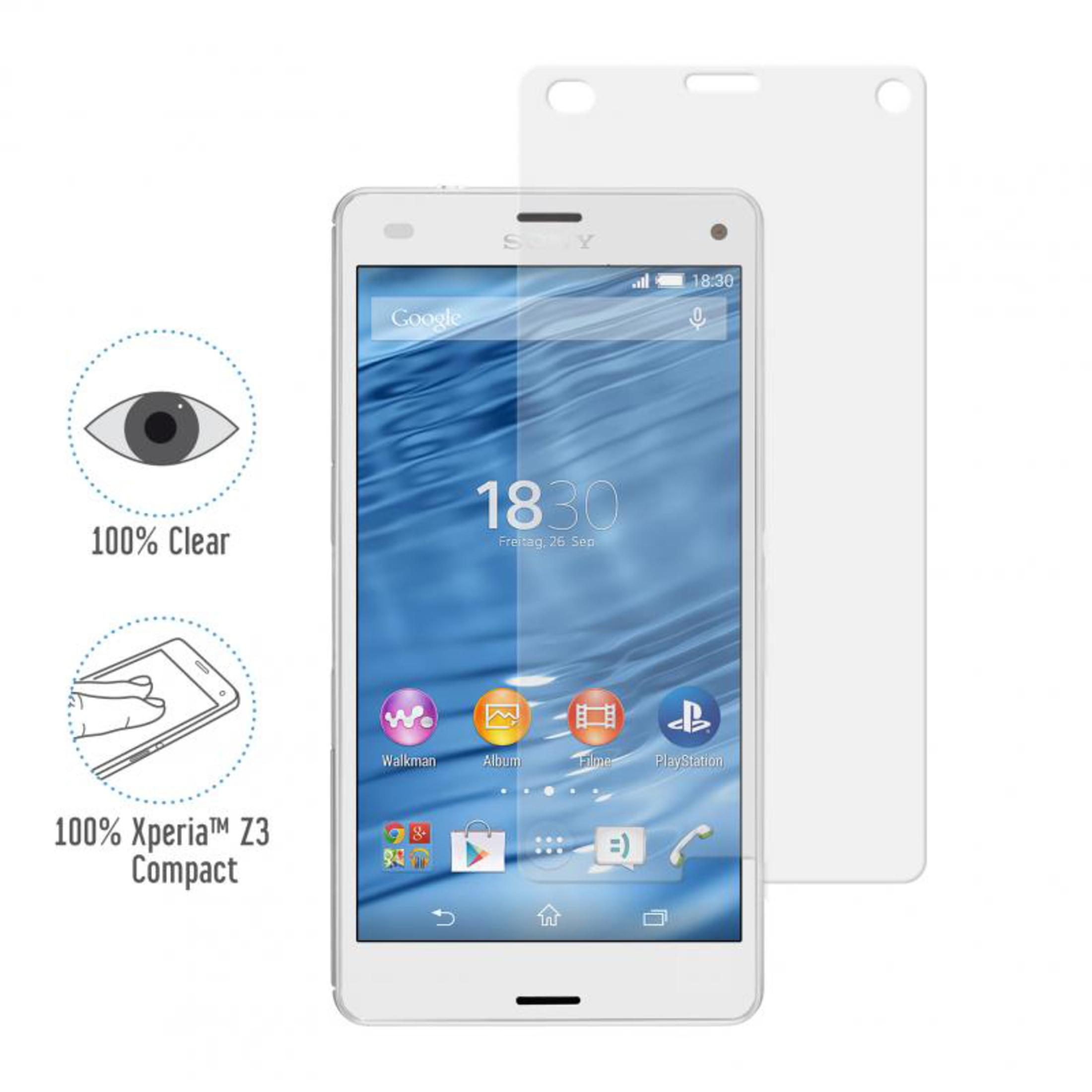 Smartphone bianco con protezione schermo. Mostra icone e ora, 18:30. Icone occhio e mano chiare.