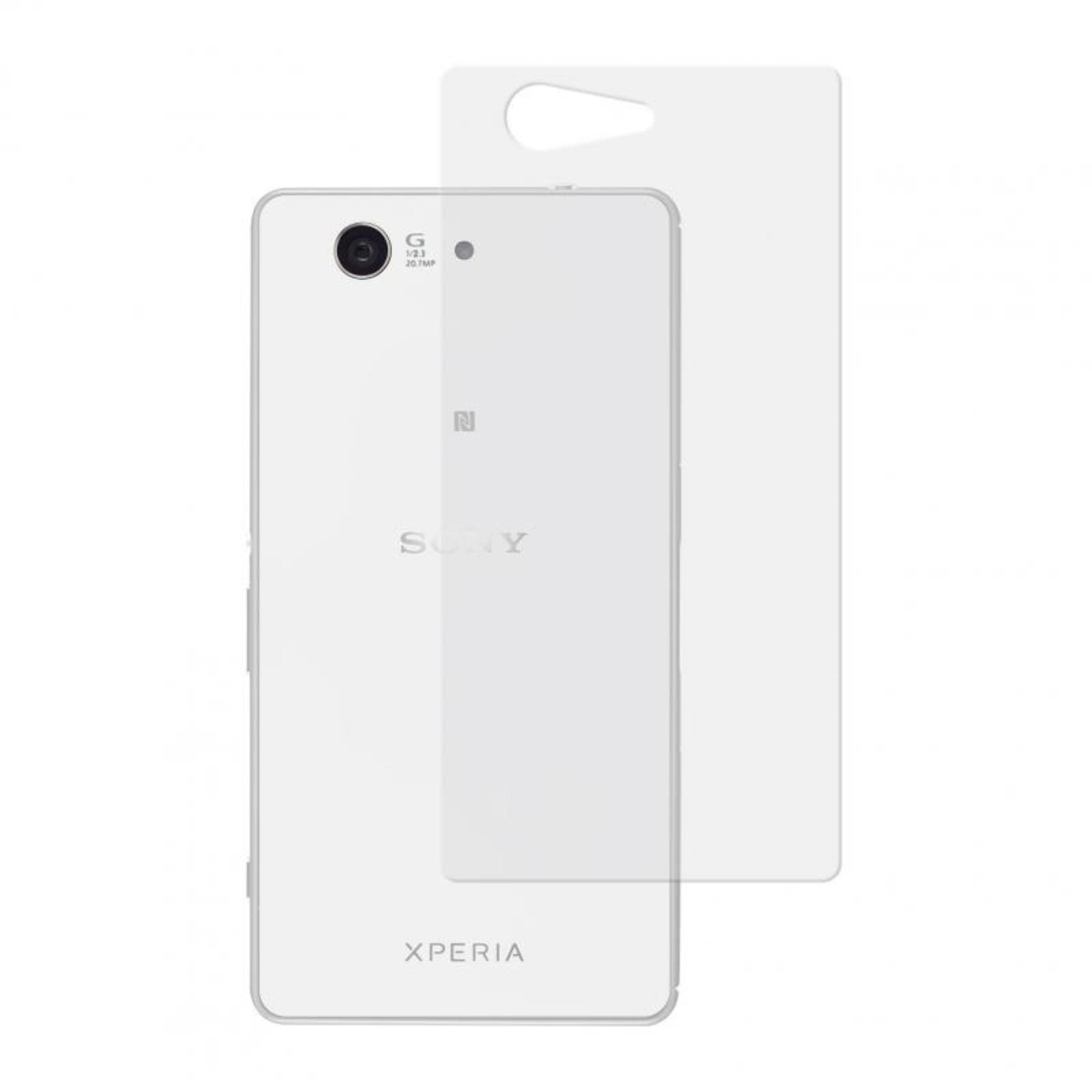 Telefono bianco e una protezione per lo schermo. La parte posteriore del telefono ha una fotocamera e il logo Sony.