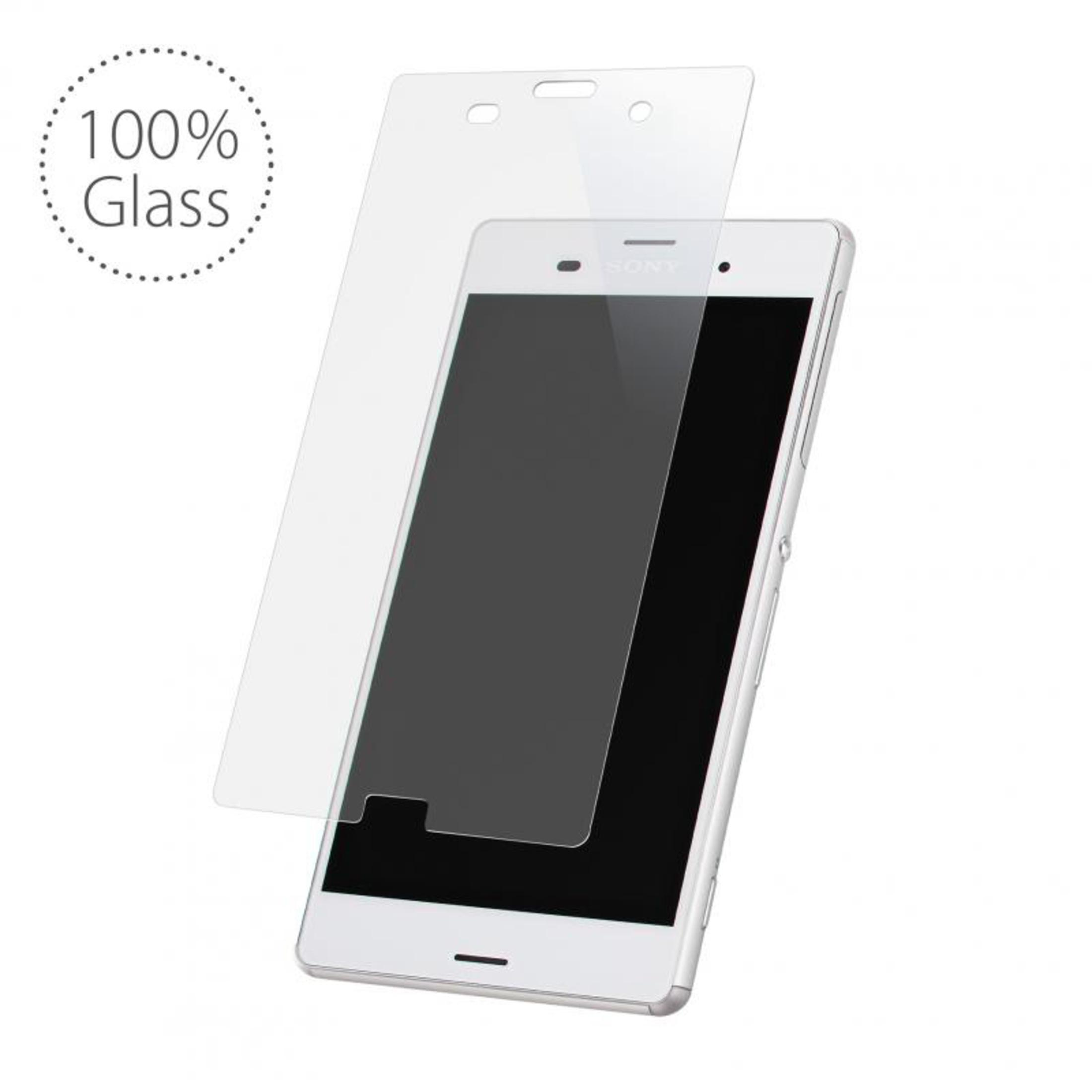 Uno smartphone Sony bianco con una protezione per lo schermo e le parole '100% Glass' sopra.