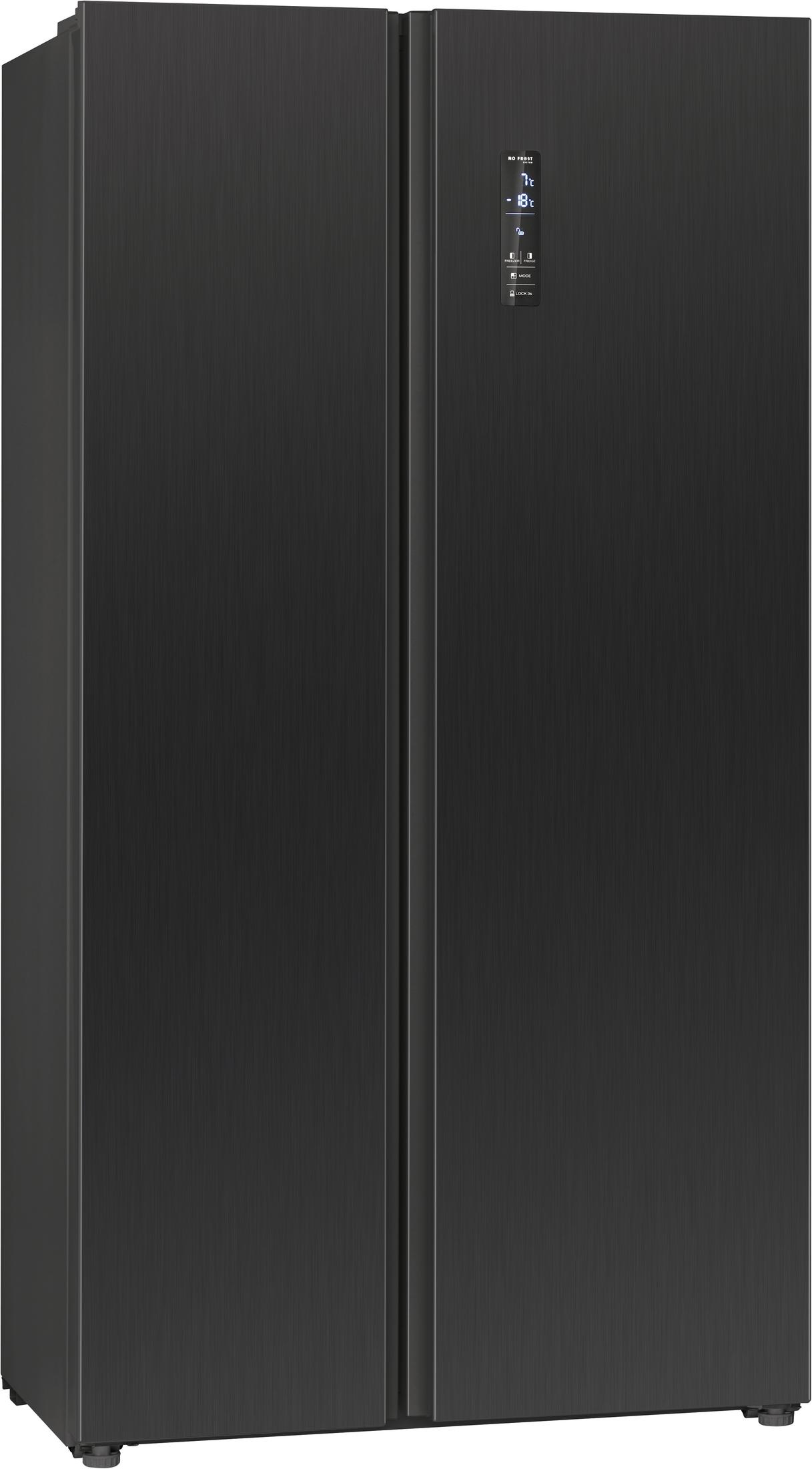Ein schwarzer Kühlschrank mit zwei Türen. Es gibt eine Digitalanzeige.