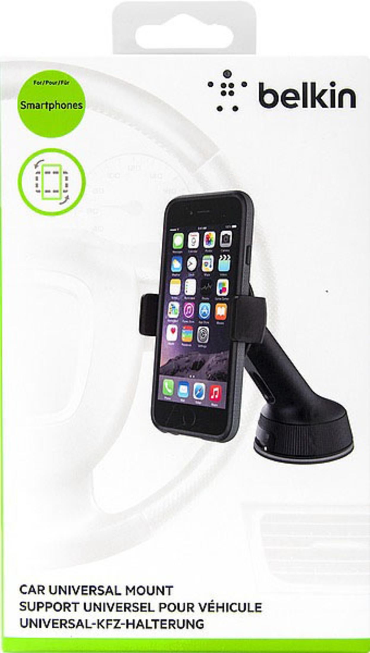 Belkin Autotelefonhalterung, mit Telefon darin, und Armaturenbrett im Hintergrund.