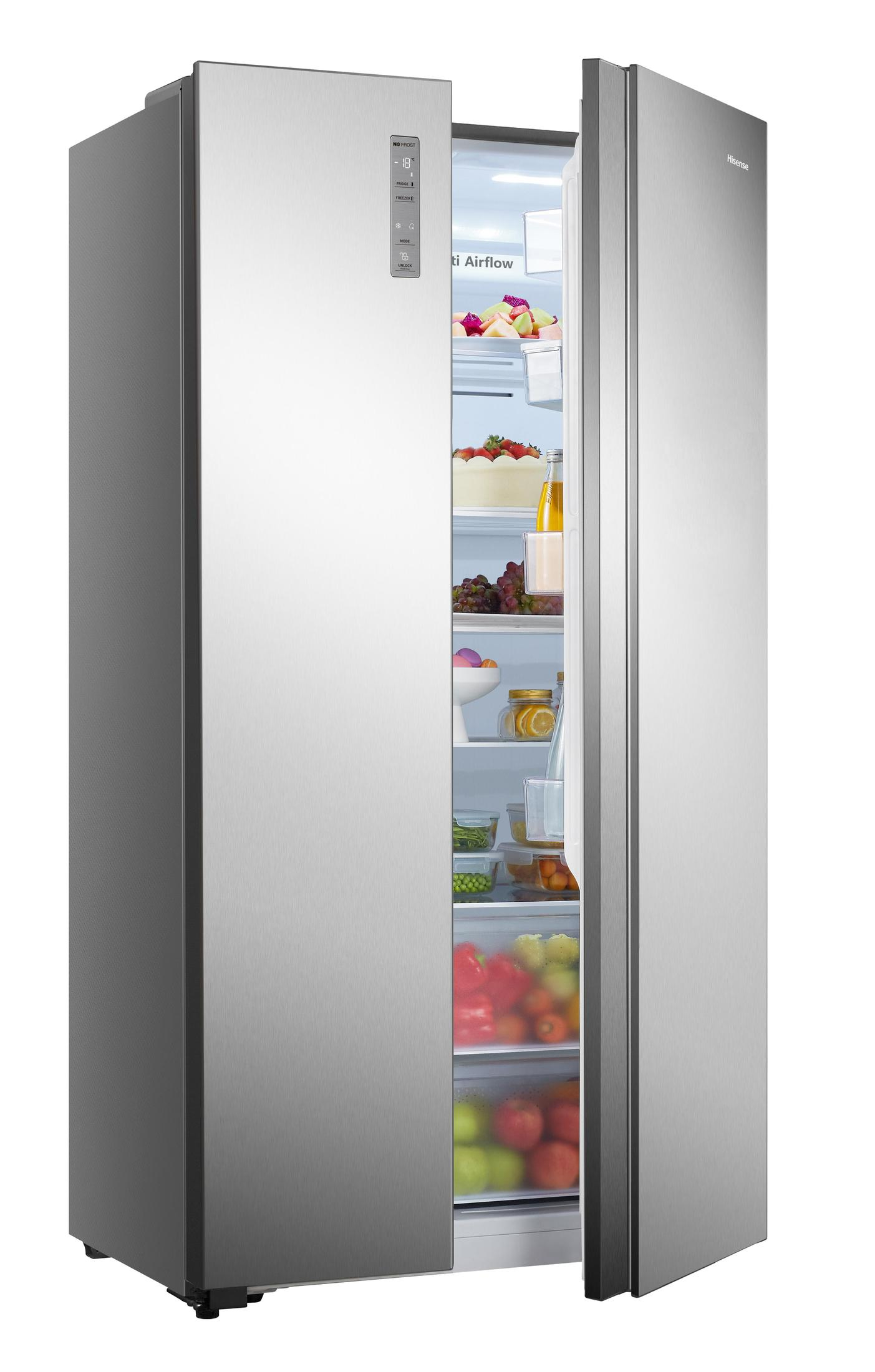 Lodówka ze stali nierdzewnej z otwartymi drzwiami. W środku widoczne owoce, warzywa i produkty spożywcze.