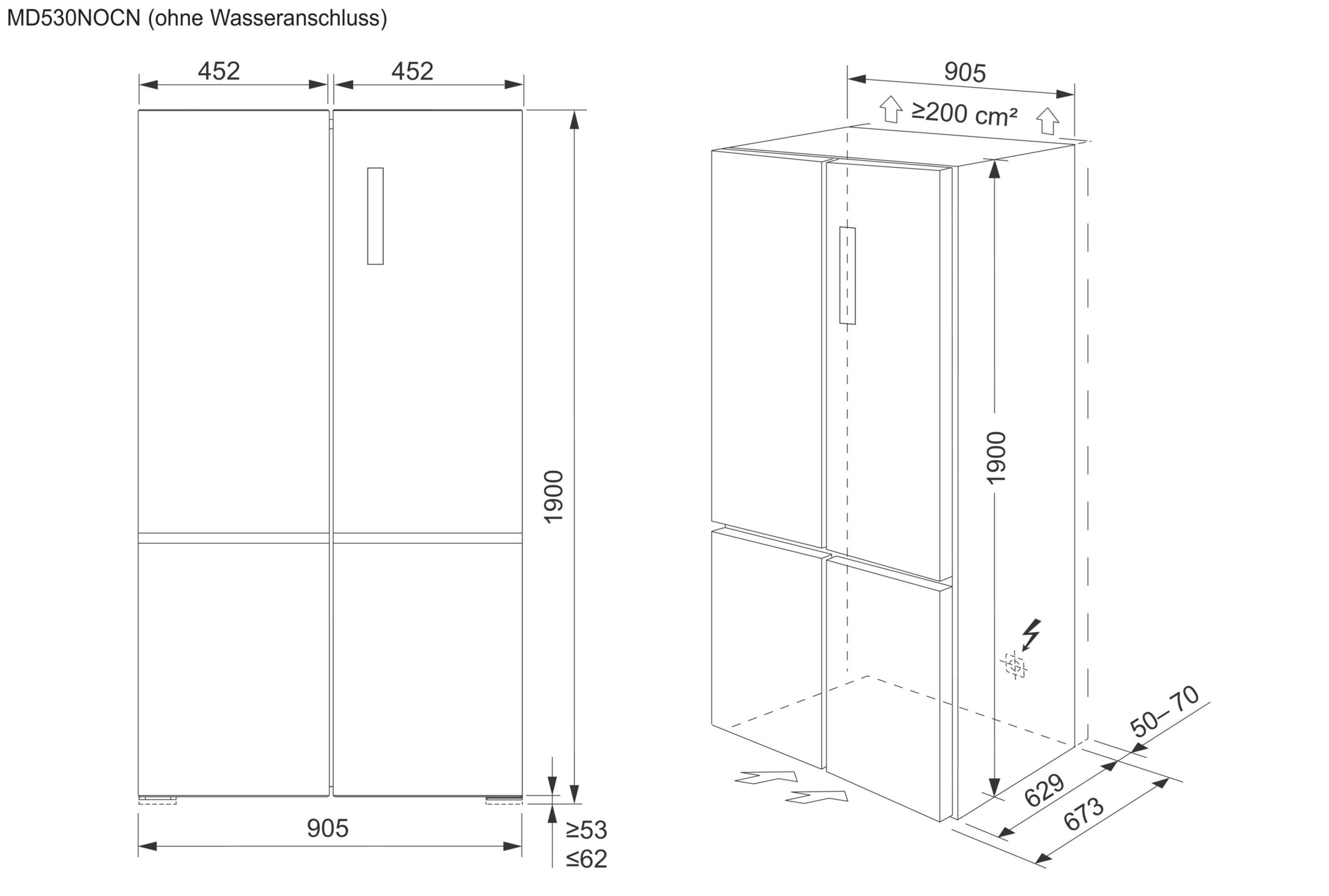 Diagramm eines Kühlschranks mit Abmessungen.