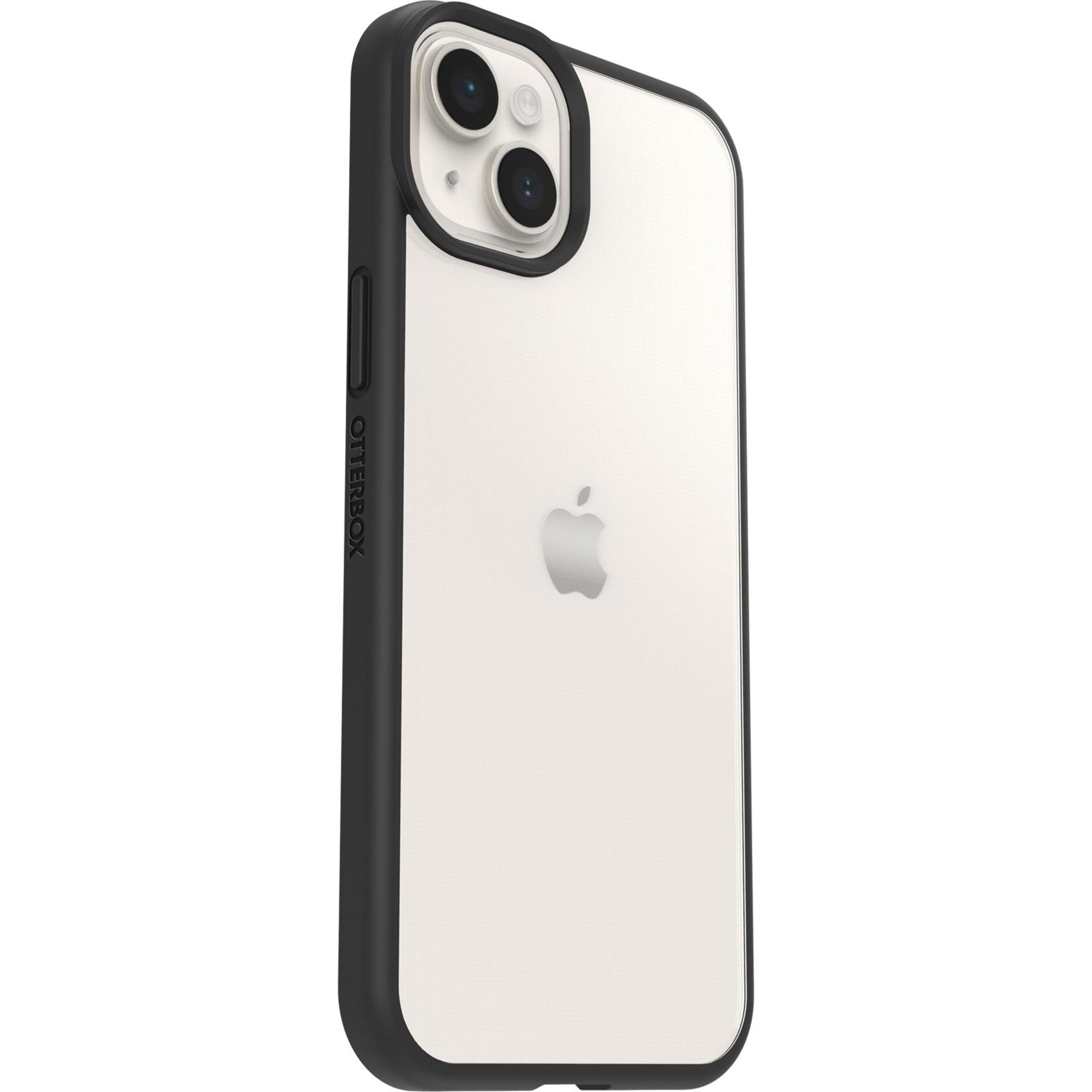 Uno smartphone in una custodia con bordo nero e retro bianco. La custodia è su uno sfondo bianco.