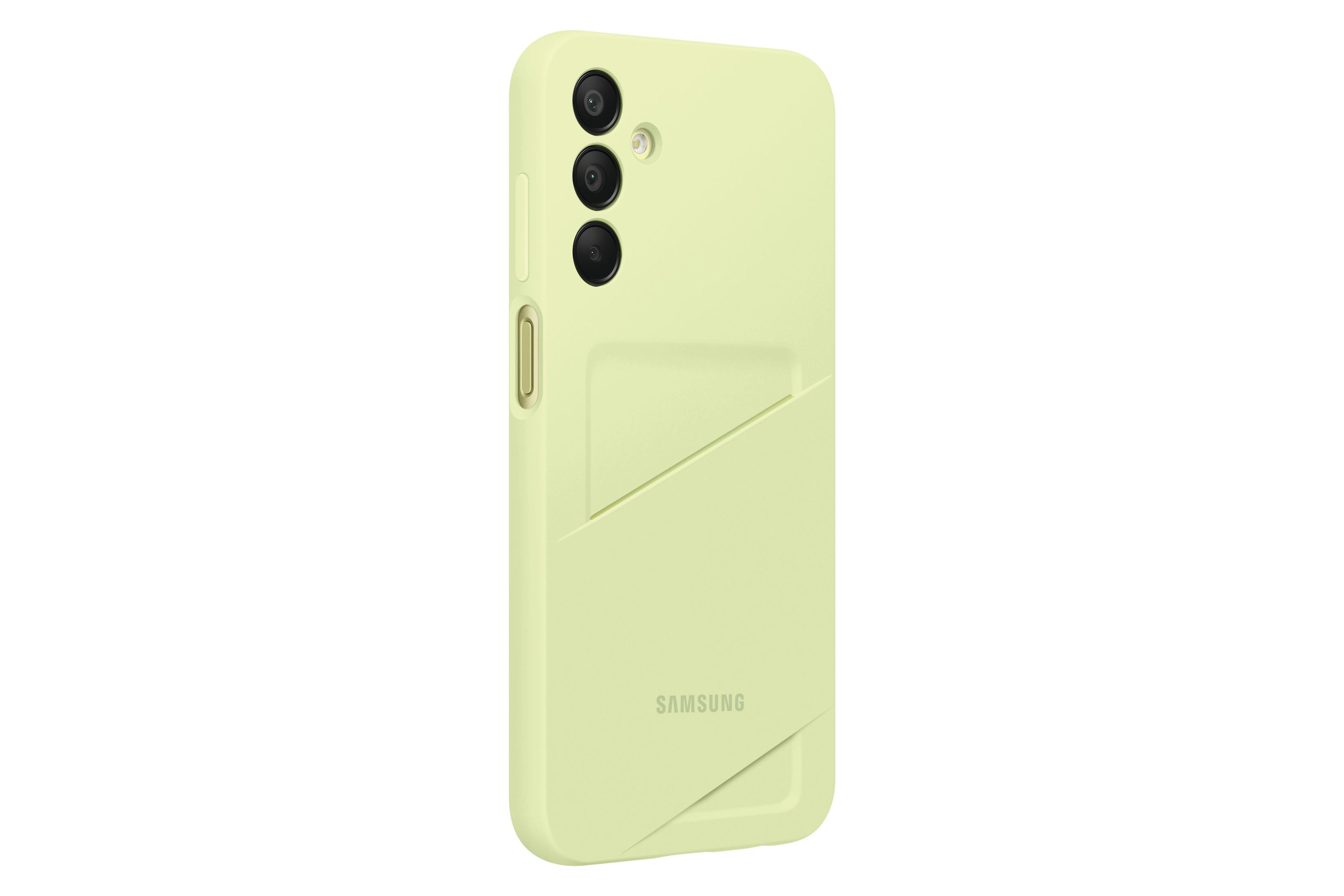 Eine hellgrüne Handyhülle mit einer Tasche auf der Rückseite, mit dem Samsung-Logo.