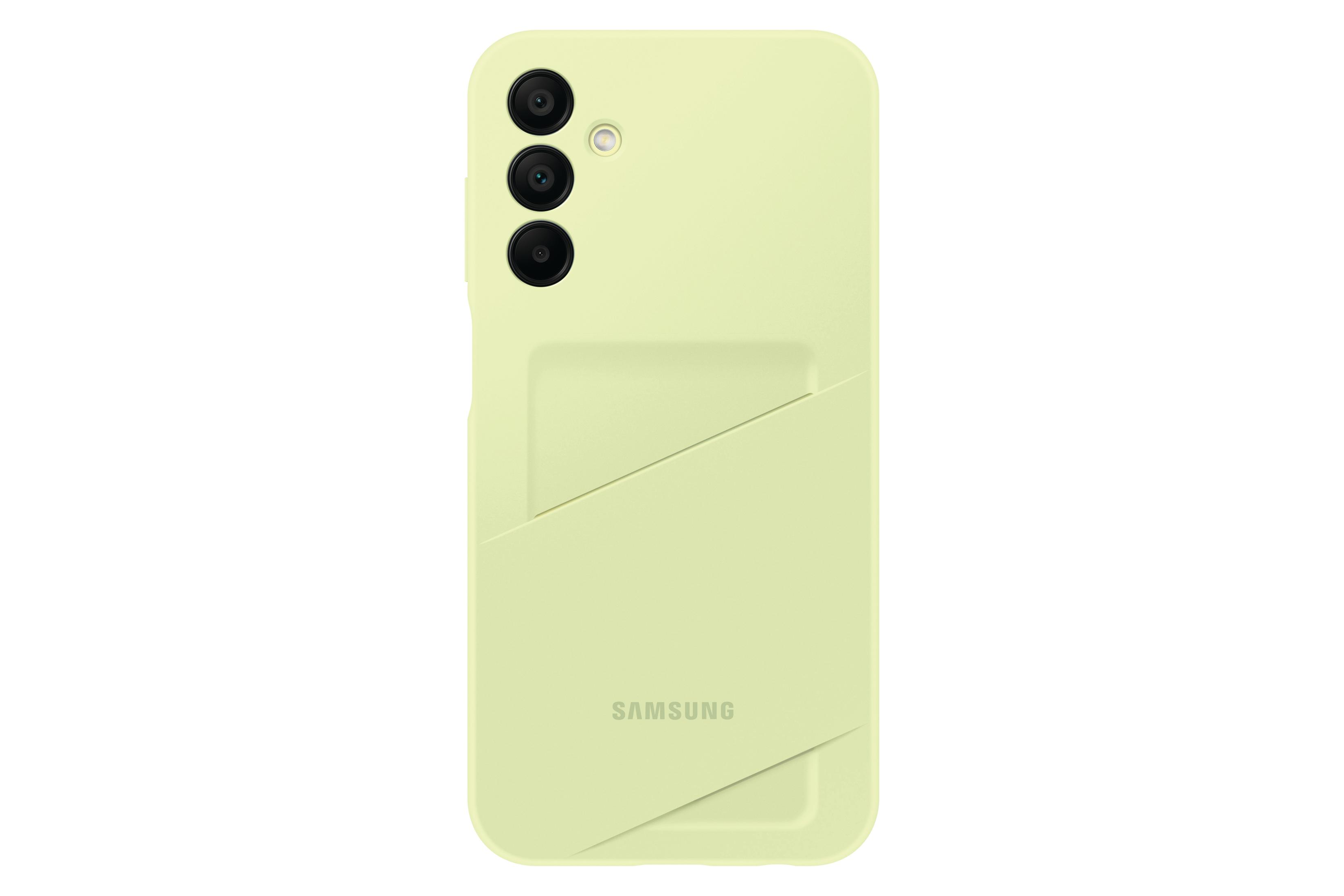Hellgrüne Handyhülle mit Kameraausschnitten und Kartenfach. Samsung-Logo sichtbar.