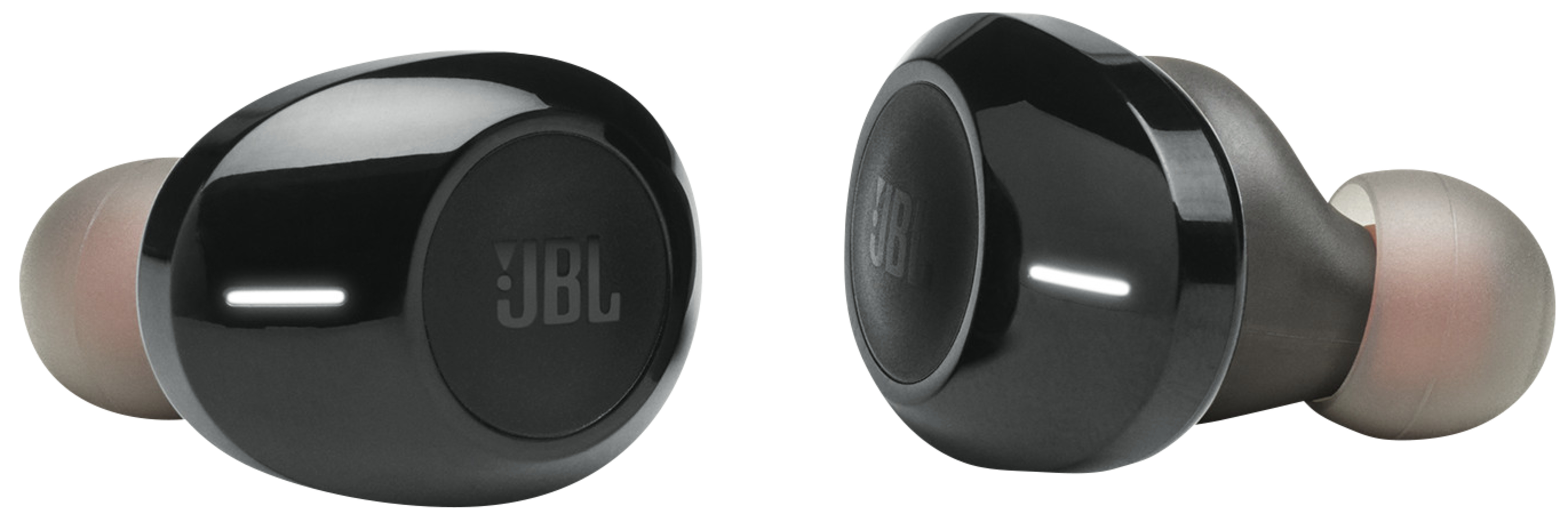 Zwei schwarze Ohrhörer, jeweils mit einem 'JBL'-Logo, vor weißem Hintergrund.