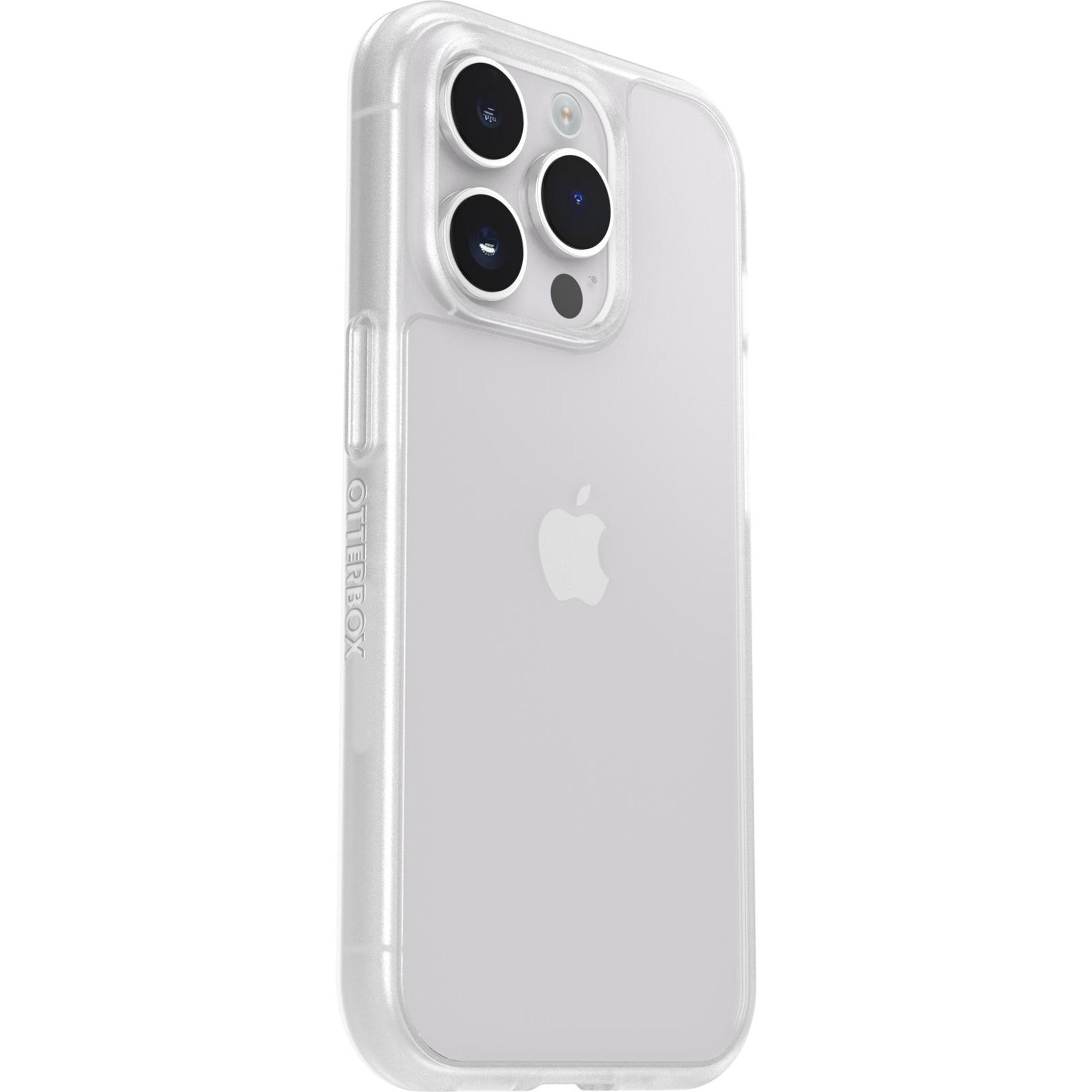 Una custodia trasparente per telefono con il logo Apple visibile, su una superficie bianca.