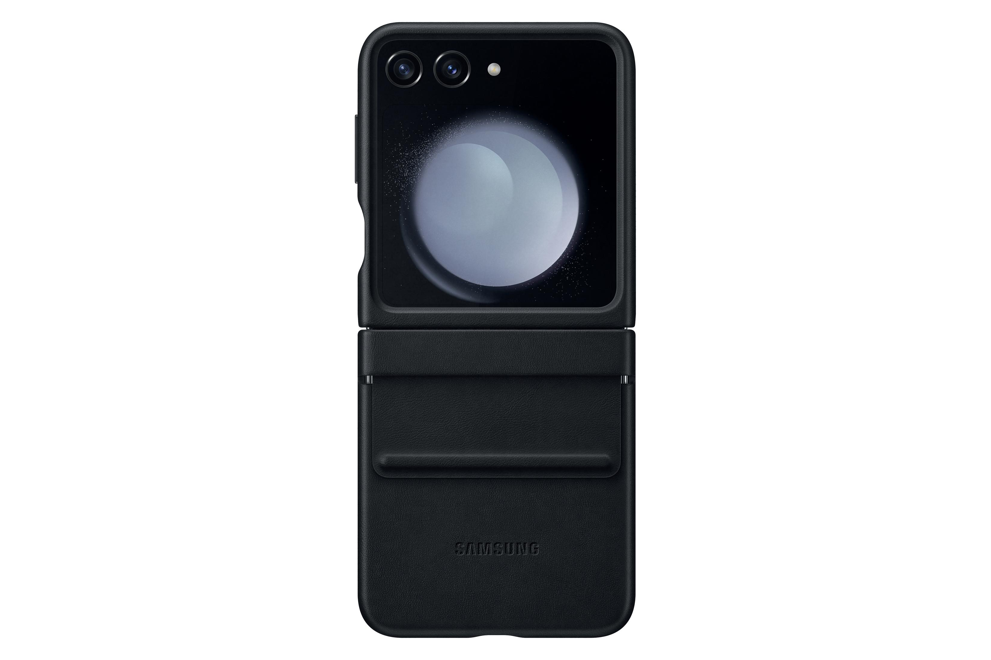 Schwarzes, zusammengeklapptes Samsung Z Flip Telefon. Display zeigt planetenartiges Bild.