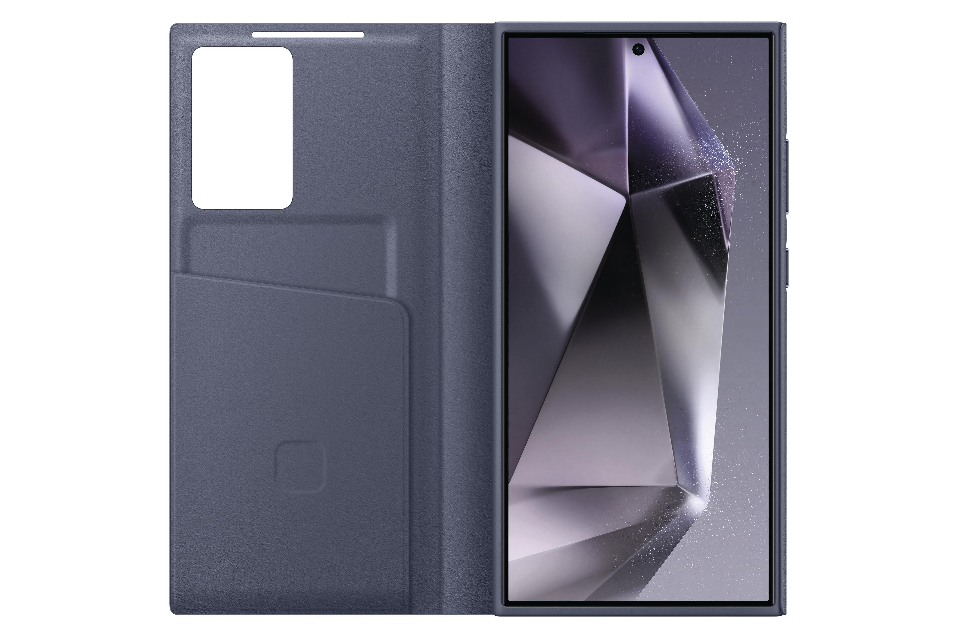 Custodia blu aperta con smartphone e scomparti per carte.