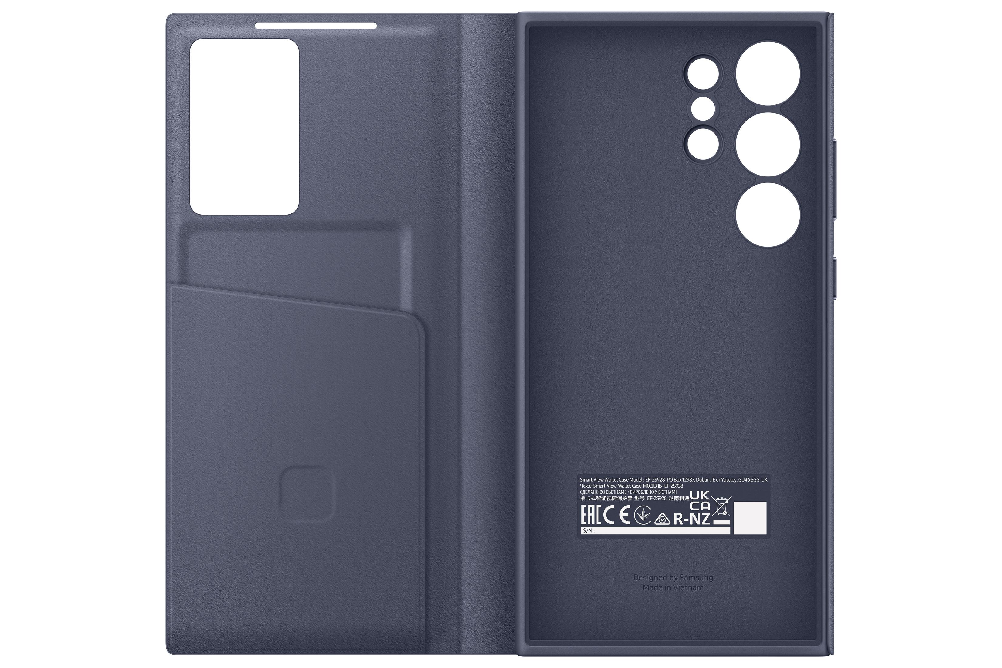 Una custodia per telefono, aperta, che mostra l'interno con fessure per carte e il retro del telefono con ritagli per la fotocamera.