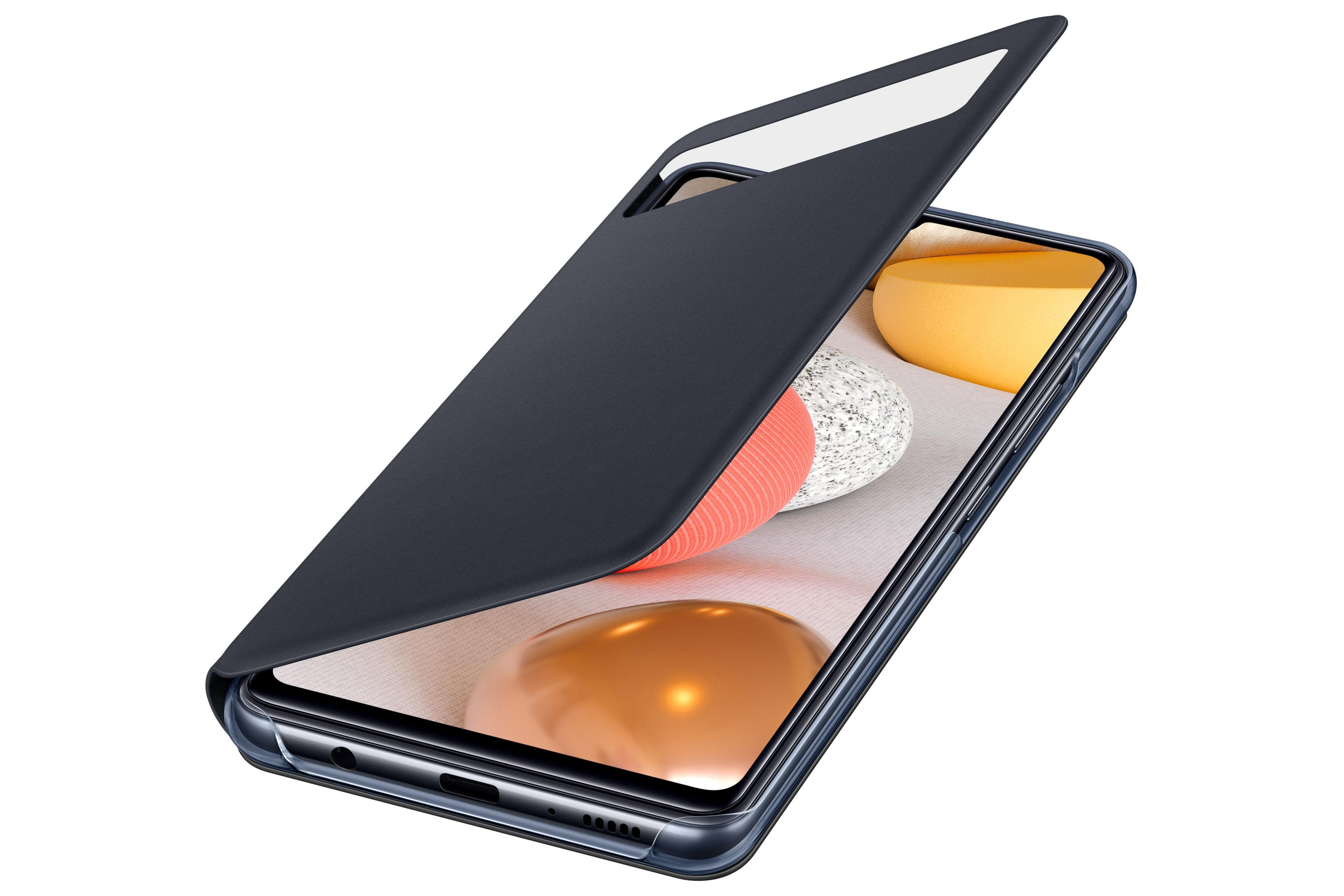 Dunkelblaue Handyhülle mit geöffneter Abdeckung und dem Handy. Das Handy zeigt farbige Flecken.