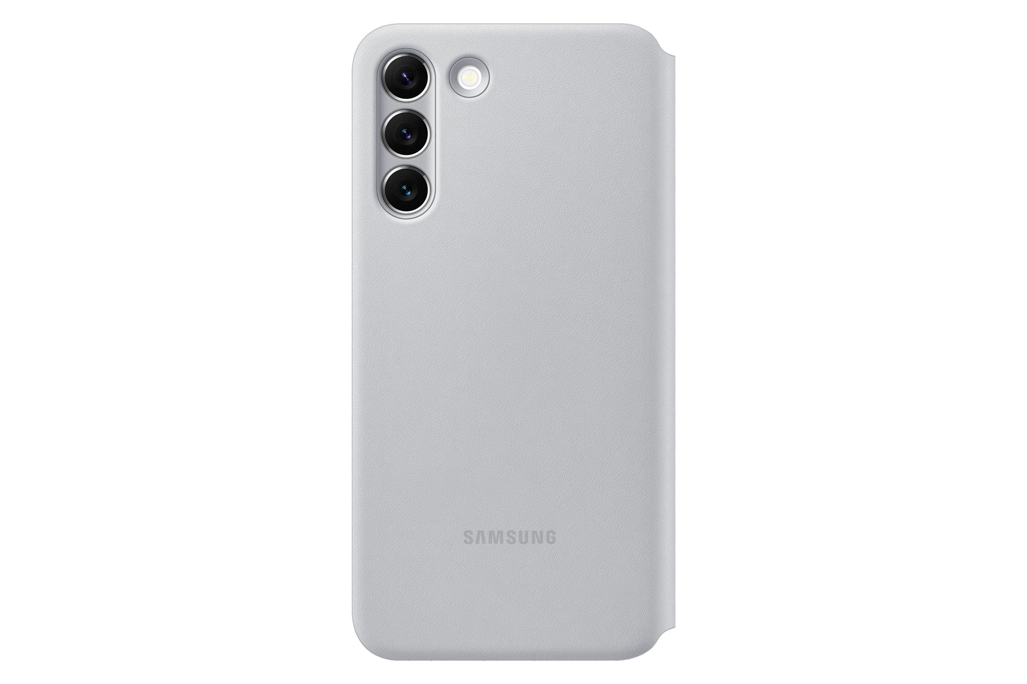 Funda de teléfono gris claro, vista trasera. Tres recortes de cámara, logotipo de Samsung visible.