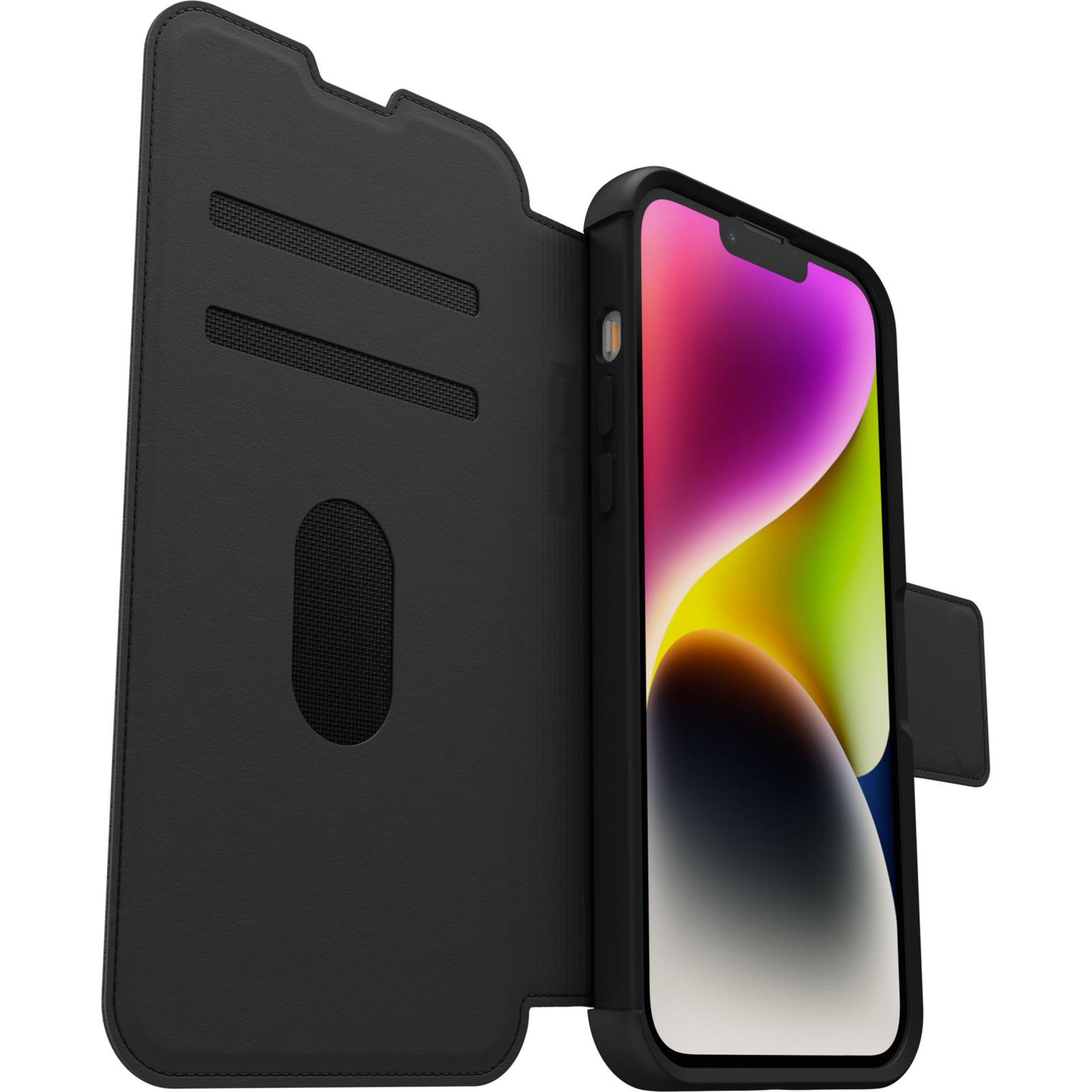 Schwarze Handyhülle mit einem Telefon darin, offen, um den Bildschirm zu zeigen, auf weißem Hintergrund.