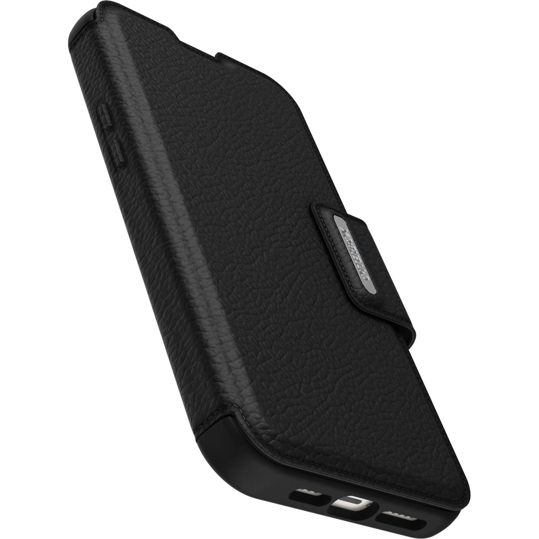 Schwarze Leder-Handyhülle, geschlossen, strukturiert, mit Magnetklappe.