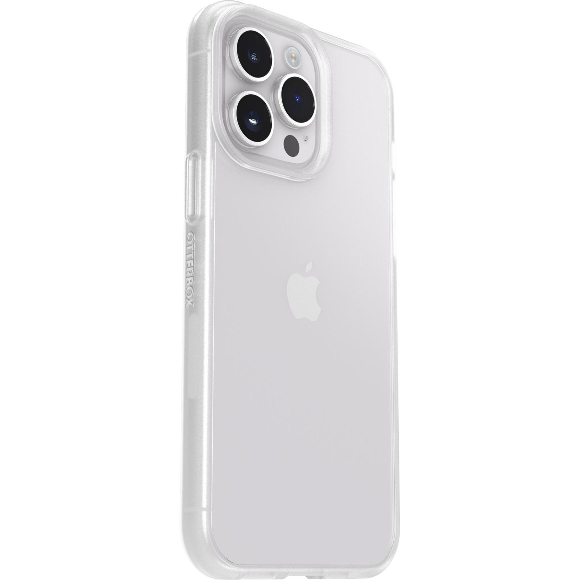 Custodia trasparente per telefono su un telefono bianco. Il telefono ha tre fotocamere. La custodia ha il logo Otterbox.