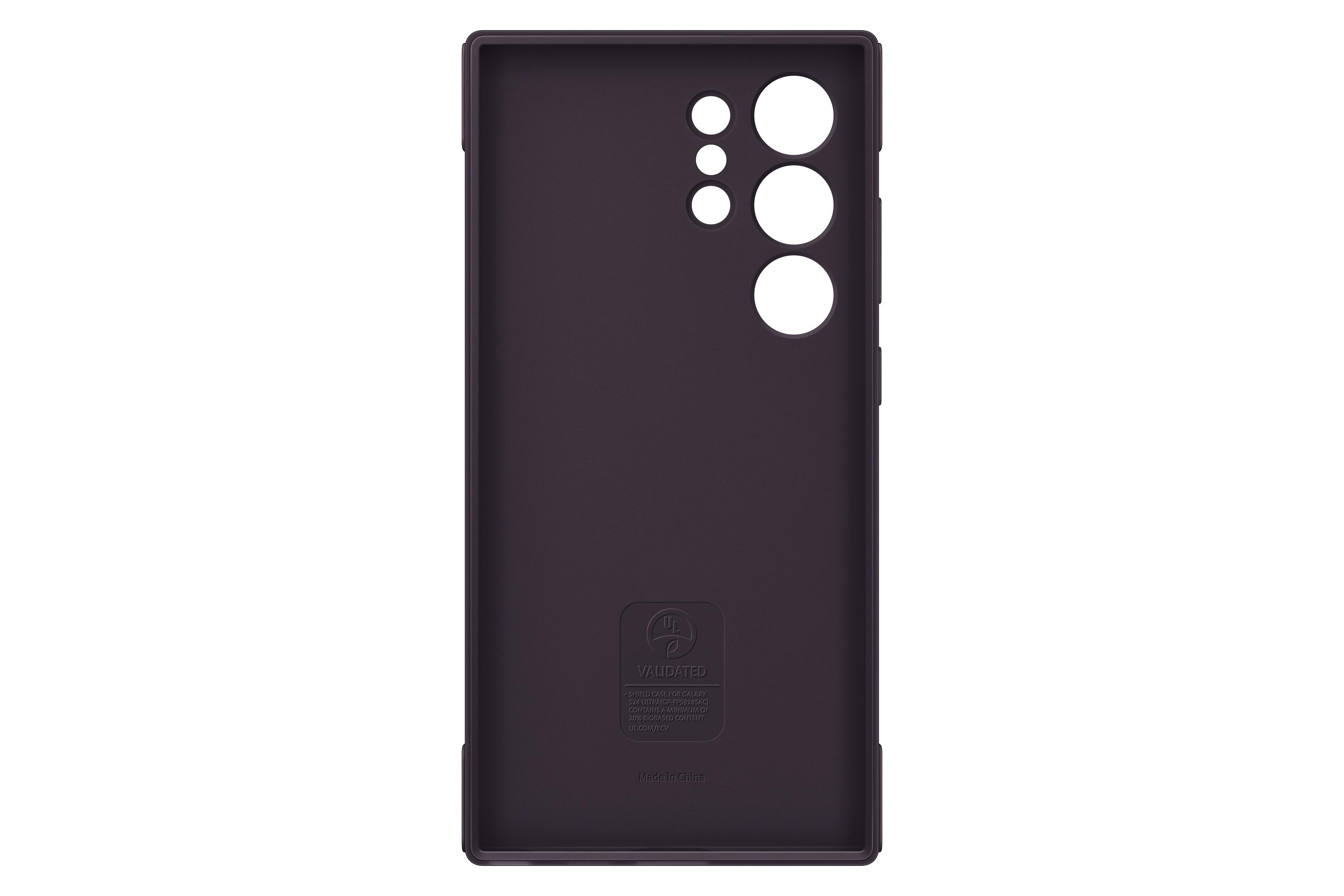 Binnenkant van een paarse telefoonhoes. Drie camera-uitsparingen, branding en gevalideerde tekst.