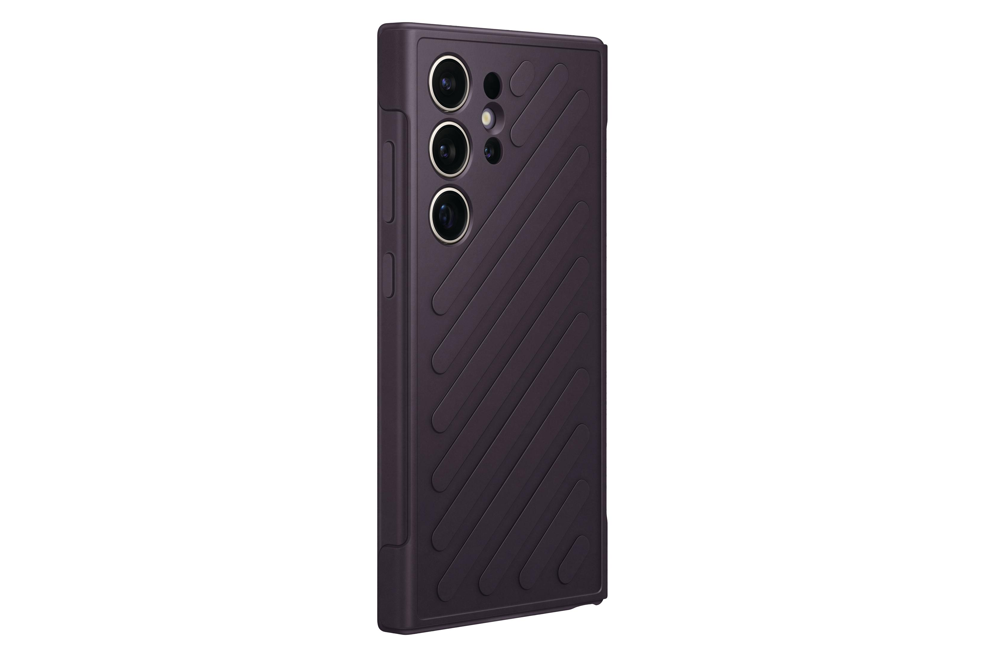 Paarse Samsung telefoonhoes met drie cameralenzen op de achterkant, schuin op witte achtergrond.