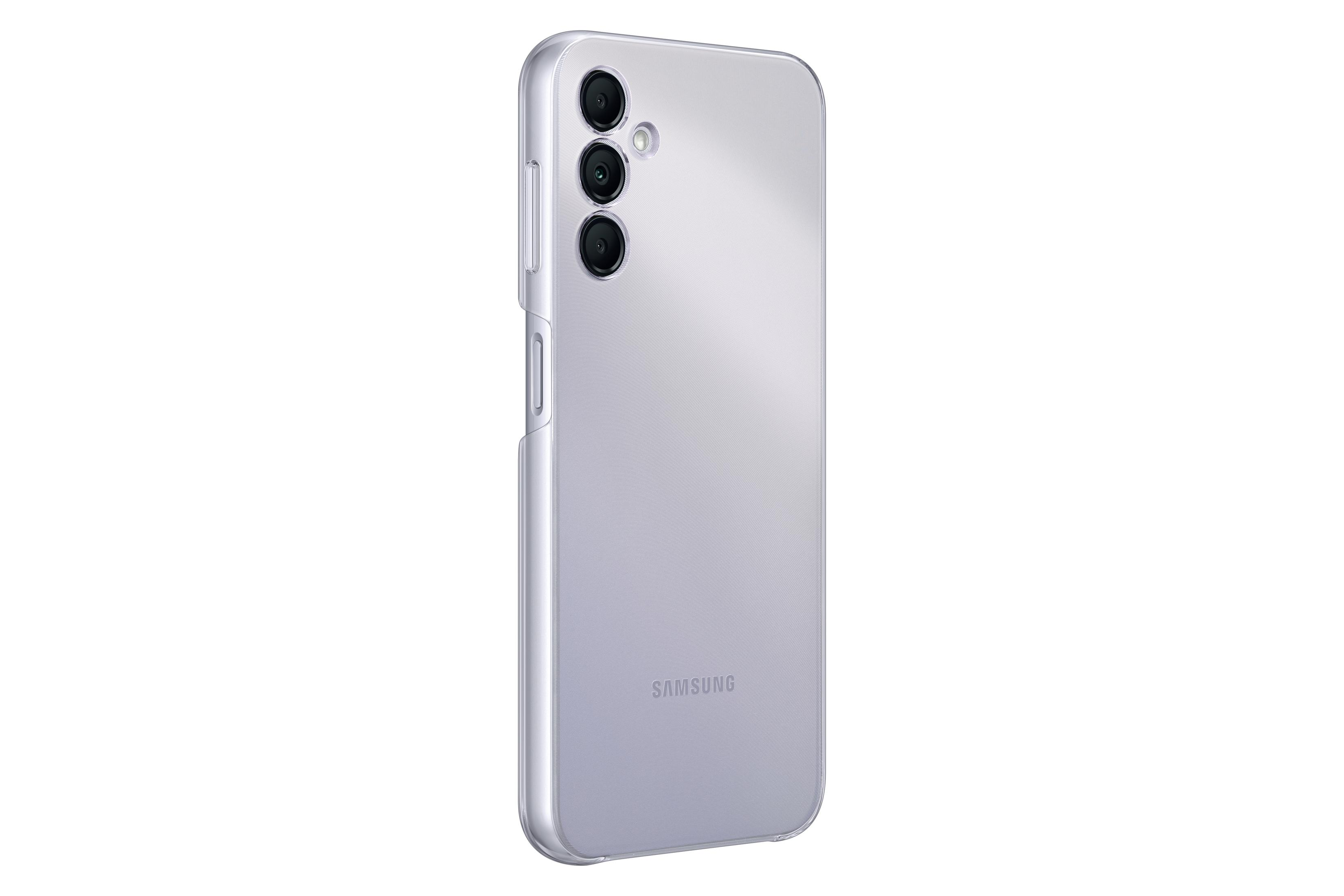 Smartphone lila pálido con tres cámaras. Diseño elegante con marco metálico. Fondo blanco.