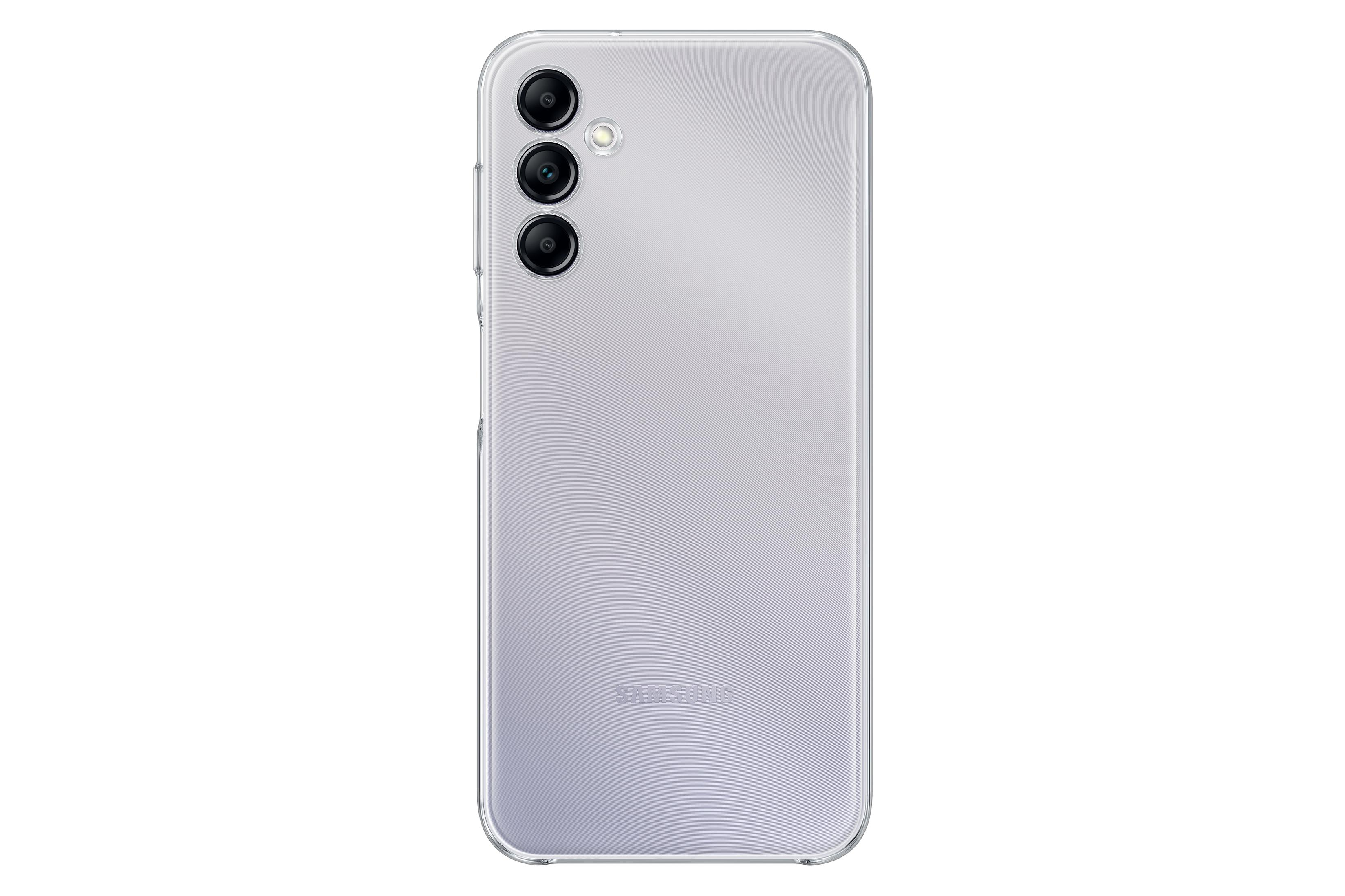 Un teléfono Samsung plateado, vista trasera. Se ven tres cámaras.
