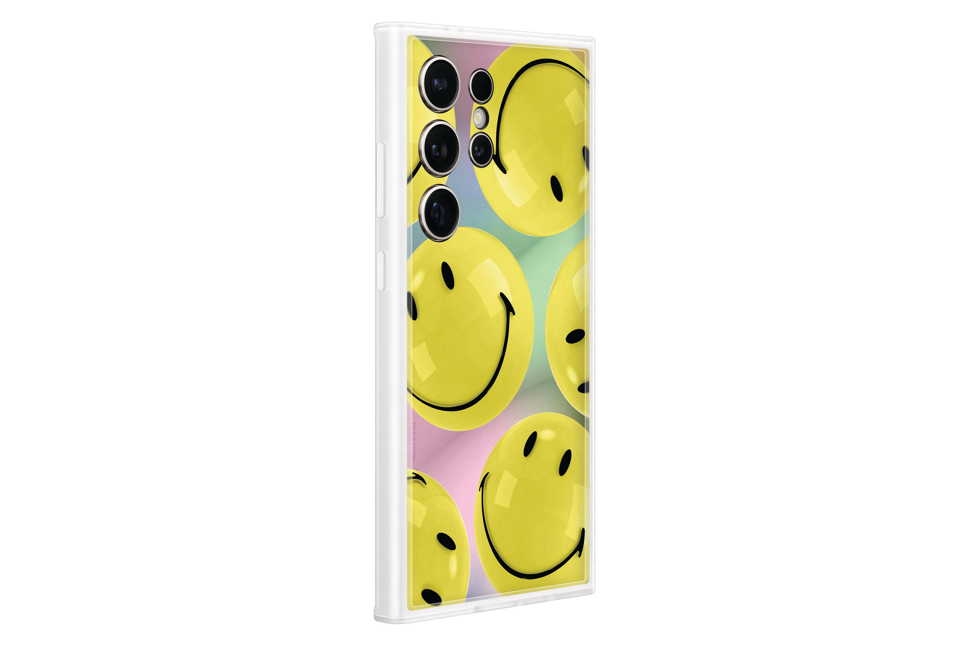 Telefoonhoesje met smileys. Gele smileys op een witte achtergrond.