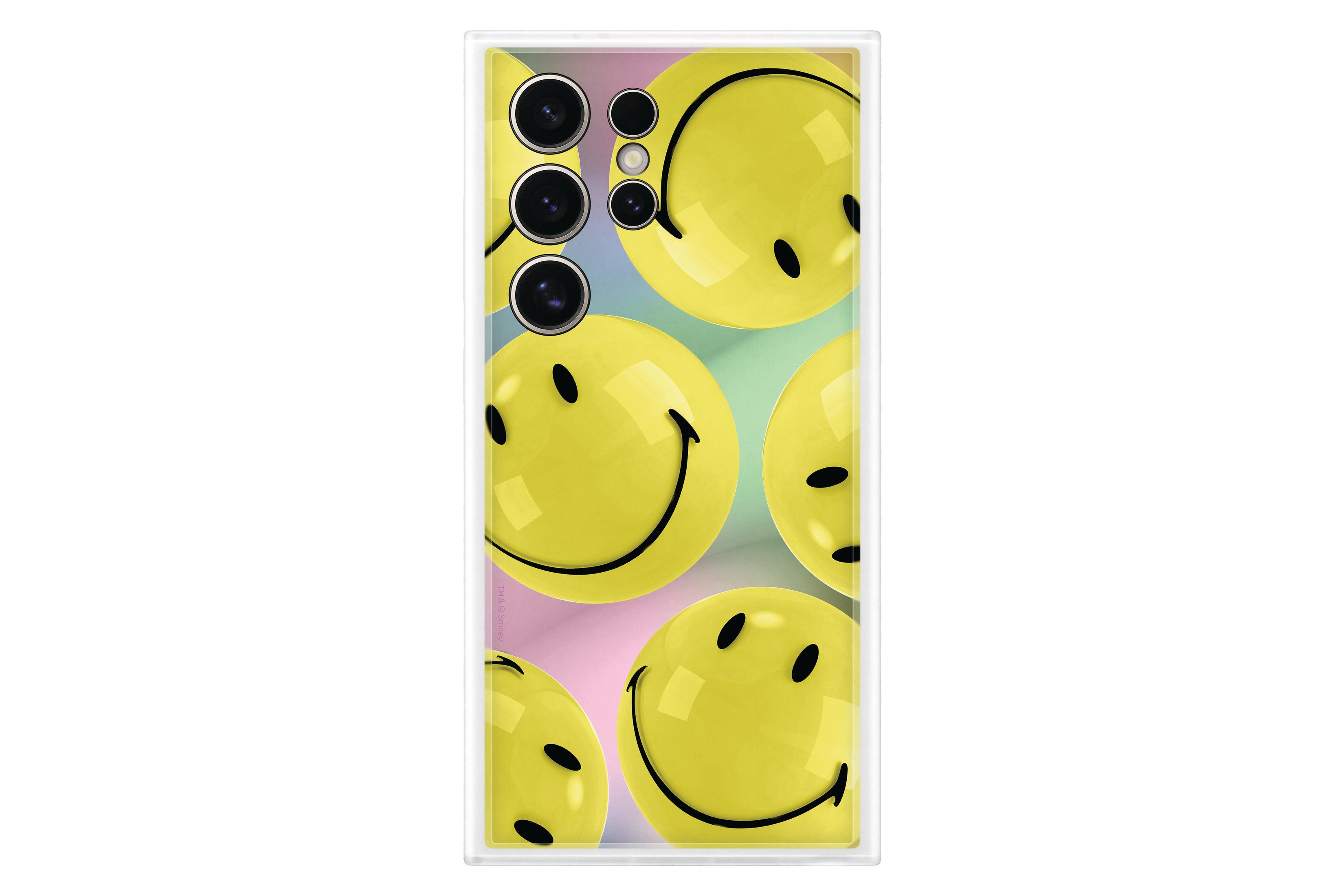 Telefoonhoesje met gele smiley's. Meerdere cameralenzen. Witte achtergrond.