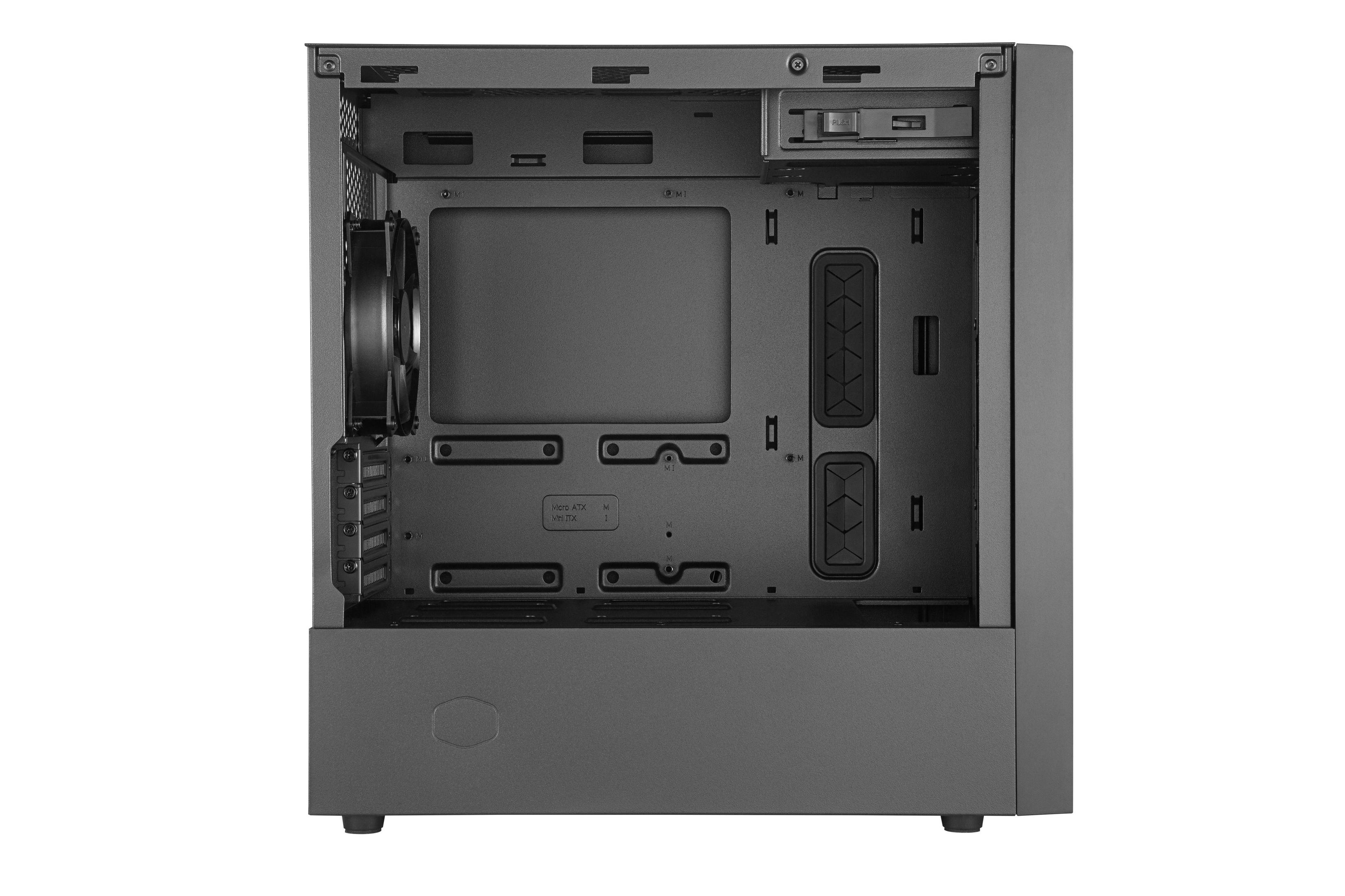 Open computer case, black color, with a fan and various internal components visible, isolated on white background.